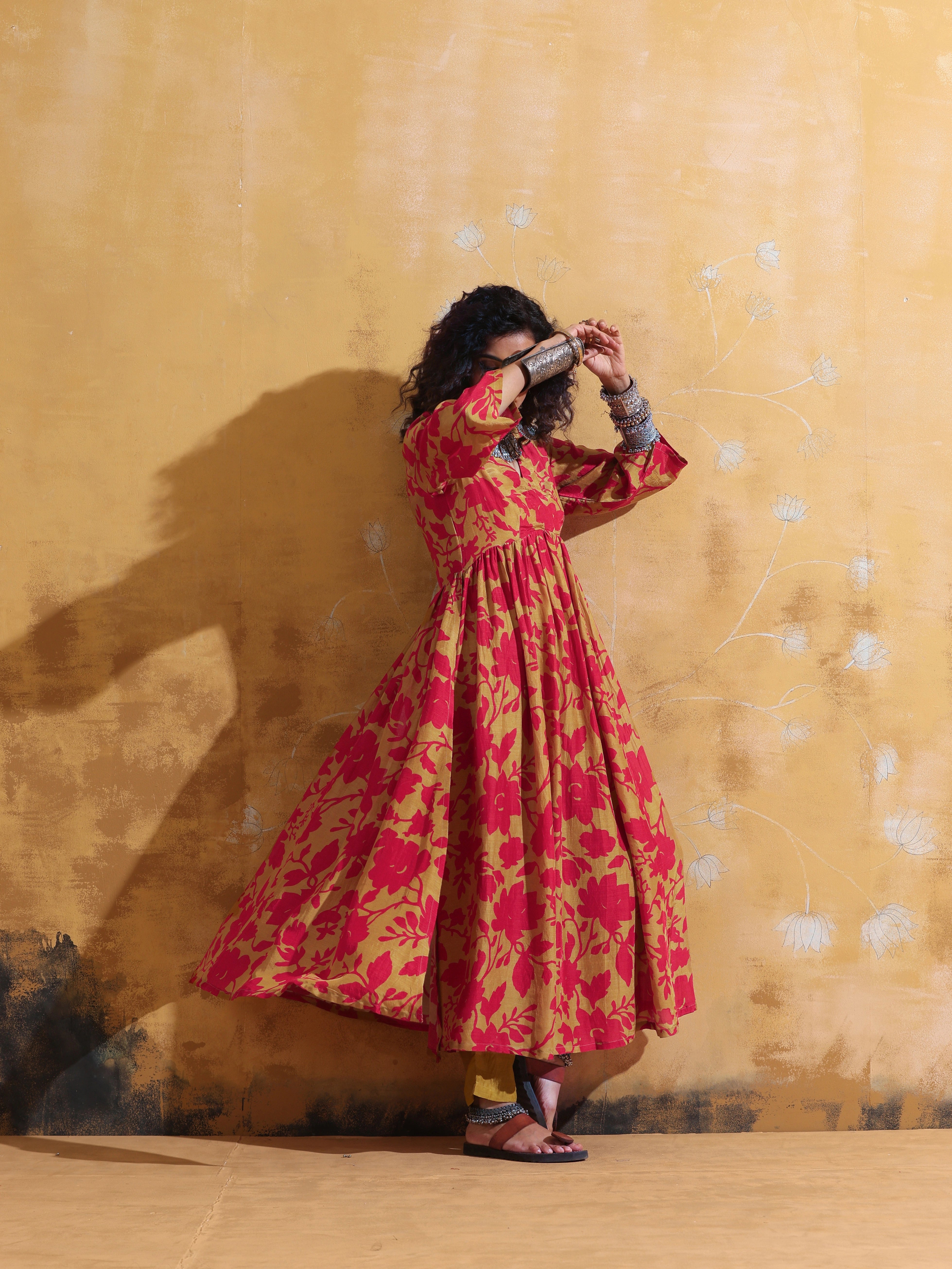 trueBrowns Red Mustard Jaal Print Muslin Silk Anarkali Kurta Set