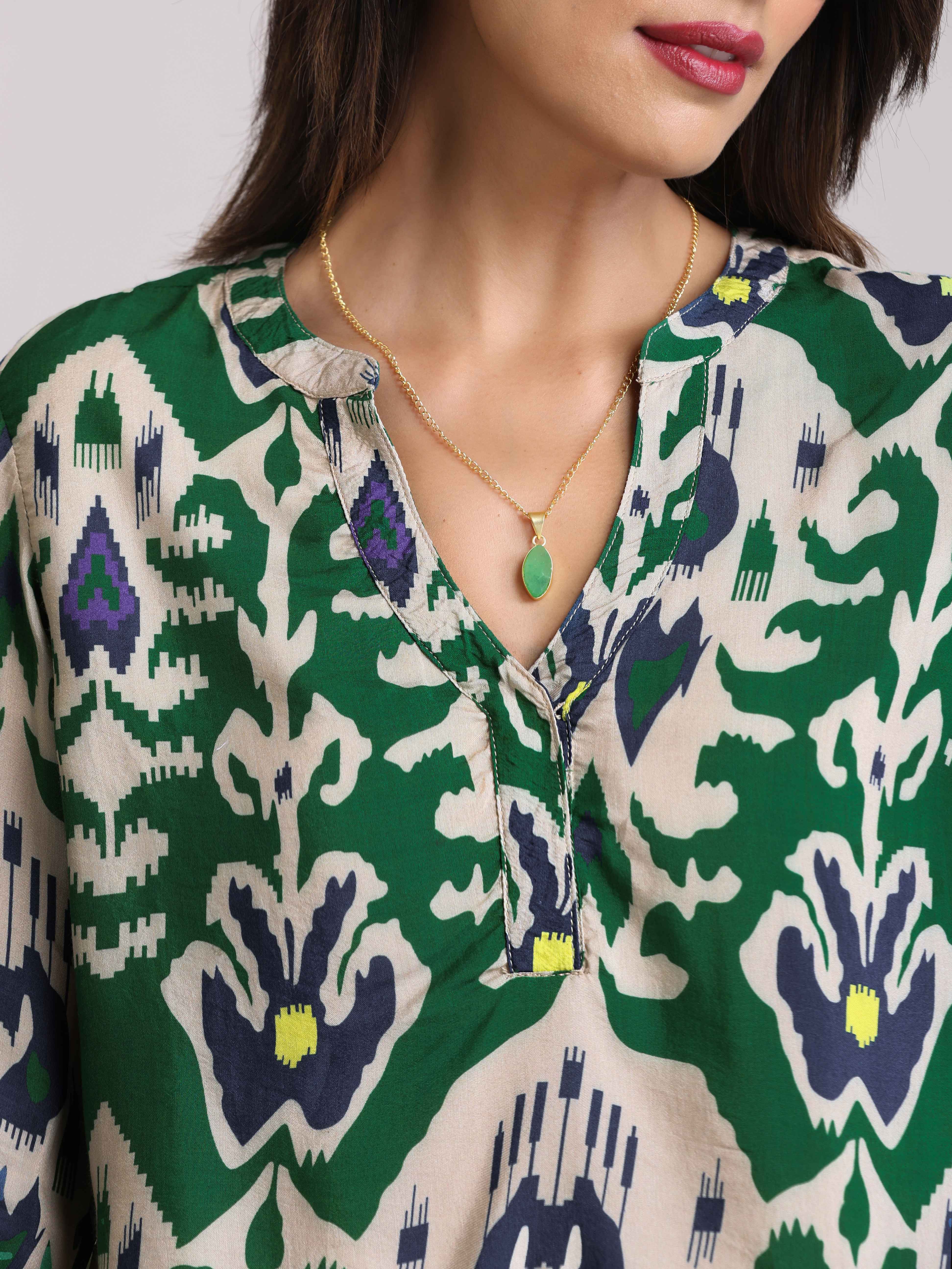 trueBrowns Green Muslin Ikat Shirt Blouse