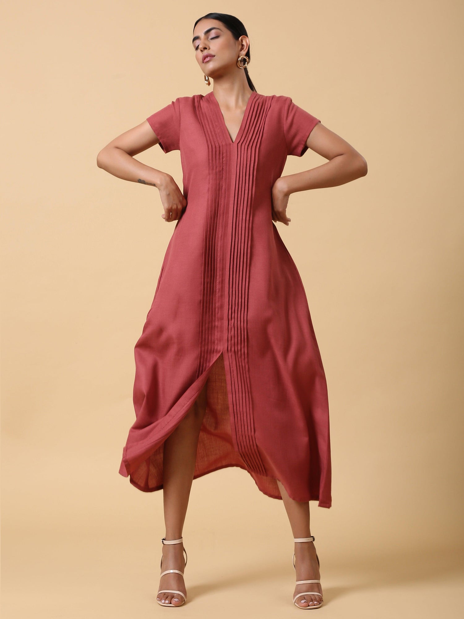 Cotton Linen Rust Red Pleated Dress - trueBrowns