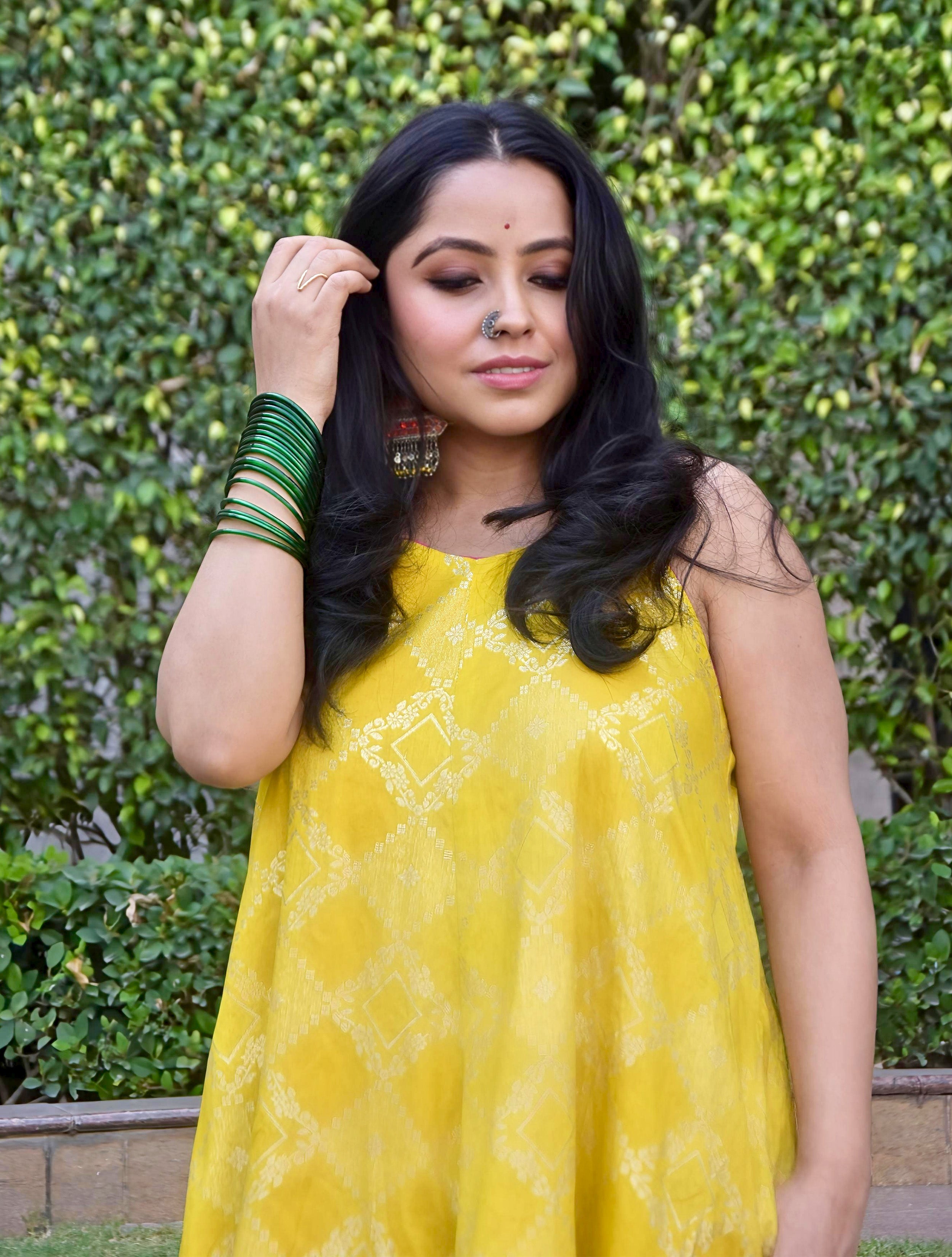 trueBrowns Lime Brocade Flared Kurta Set