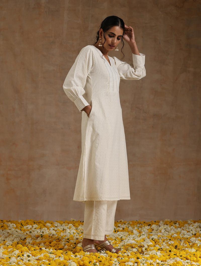 Ivory Gold Cotton Overlap Yoke Kurta Set