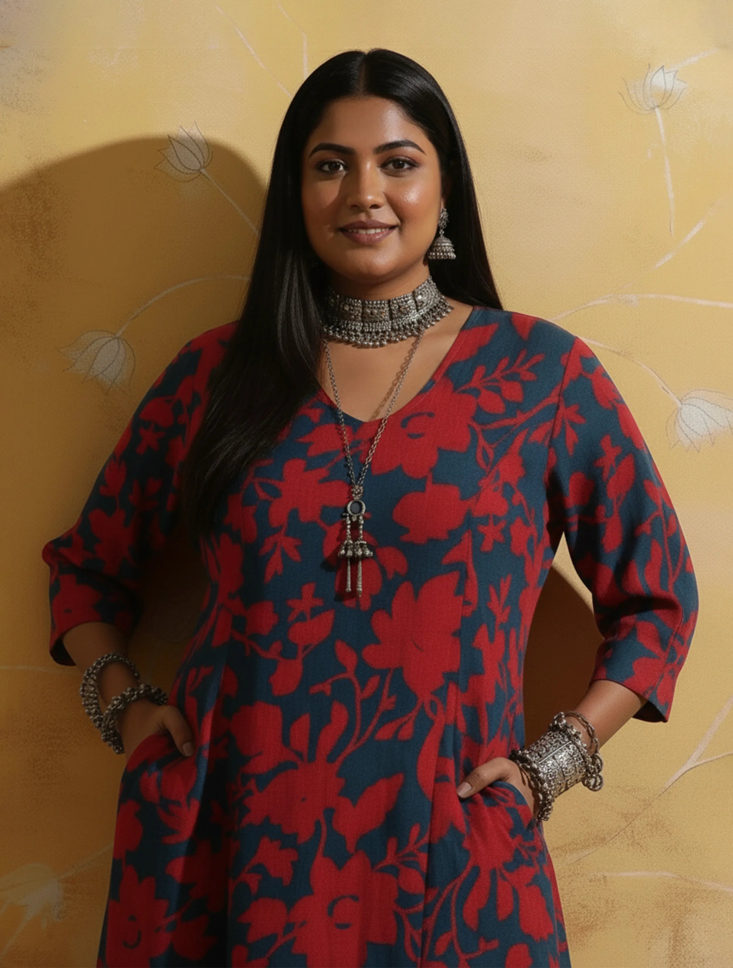 trueBrowns Red Teal Jaal Print  Muslin Silk A-Line Kurta Set