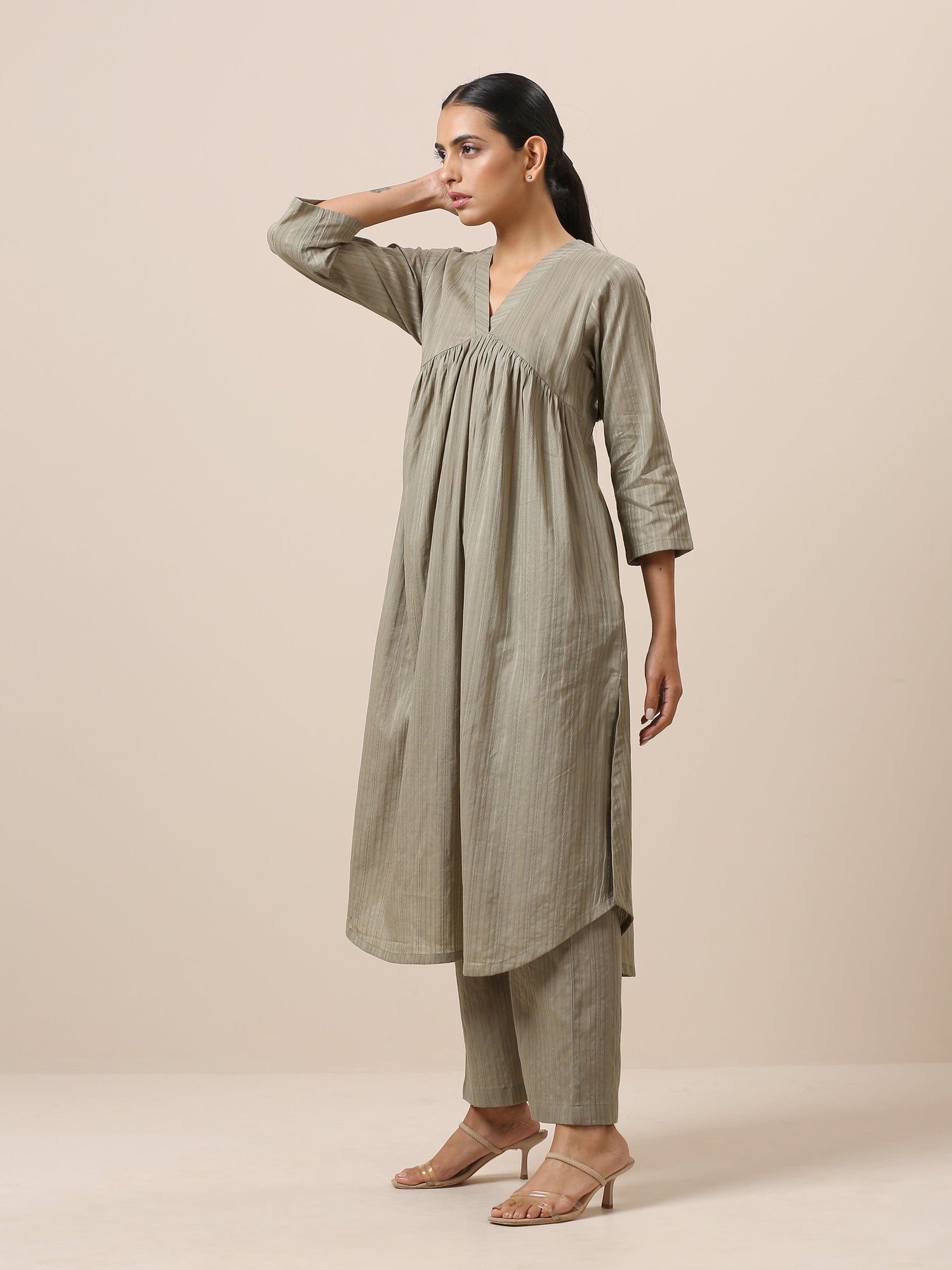 Cotton Olive Green Flared Slit Kurta Pant Set - trueBrowns