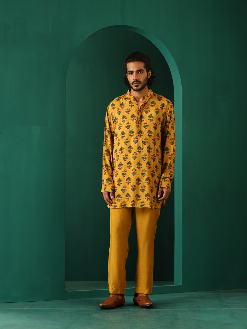 trueBrowns Men Mustard Flower Muslin Silk Printed Co-ord Set
