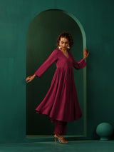 trueBrowns Purple Silk Angrakha Kurta Pant Set