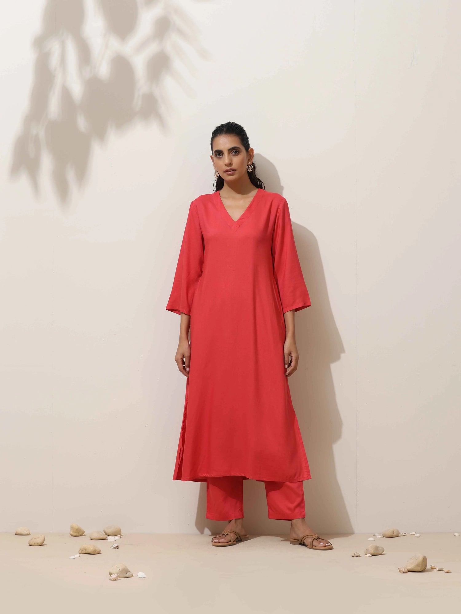trueBrowns Coral Viscose Solid Kurta Pant Set