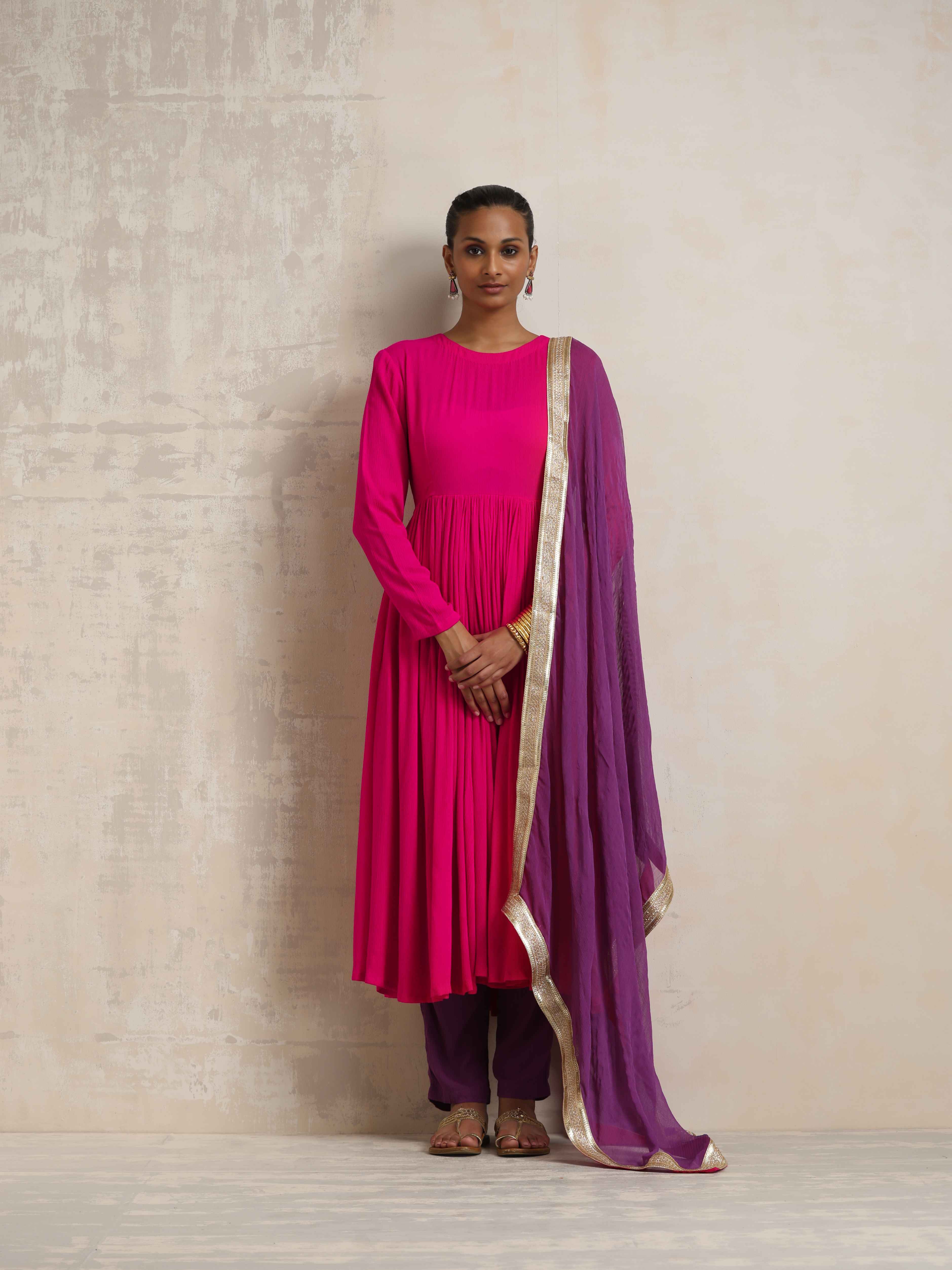 trueBrowns Pink Crinkle Anarkali Kurta Pant Dupatta Set