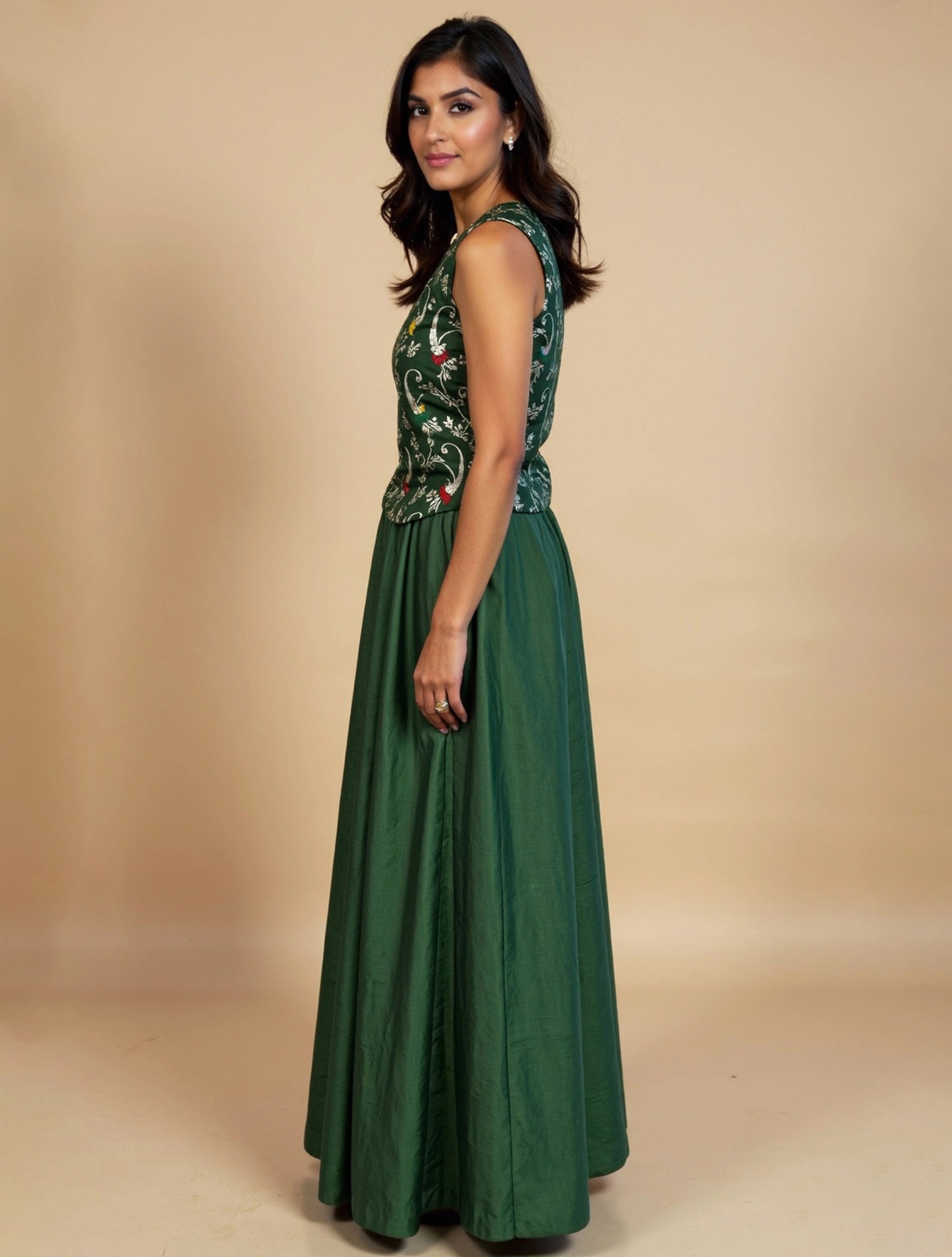 trueBrowns Green Brocade Jacket Skirt Co-ord Set