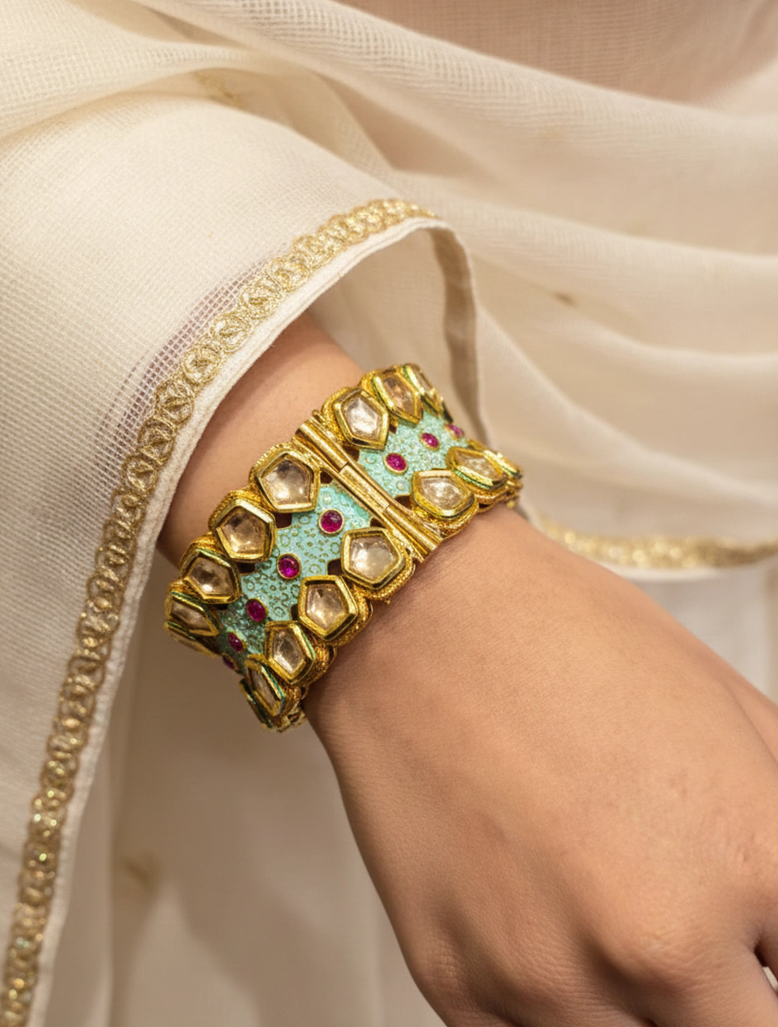 trueBrowns Mint Green Kundan Cuff