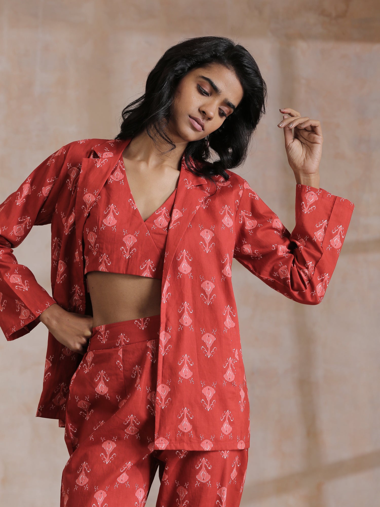 Red On Red Ikat Print Cotton Pant Suit Set
