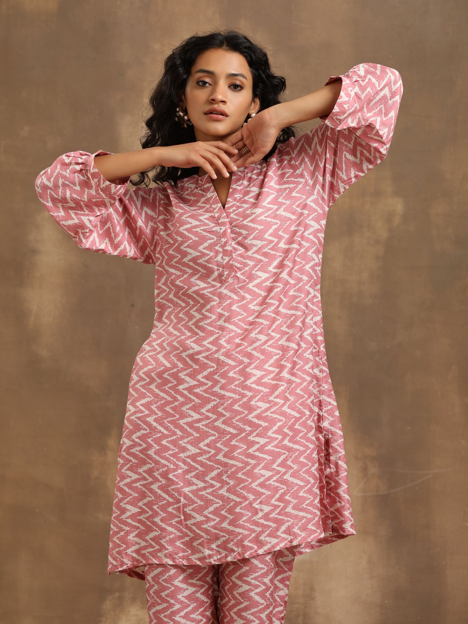 Light Mauve Zig-Zag Printed Silk Co-Ord Set