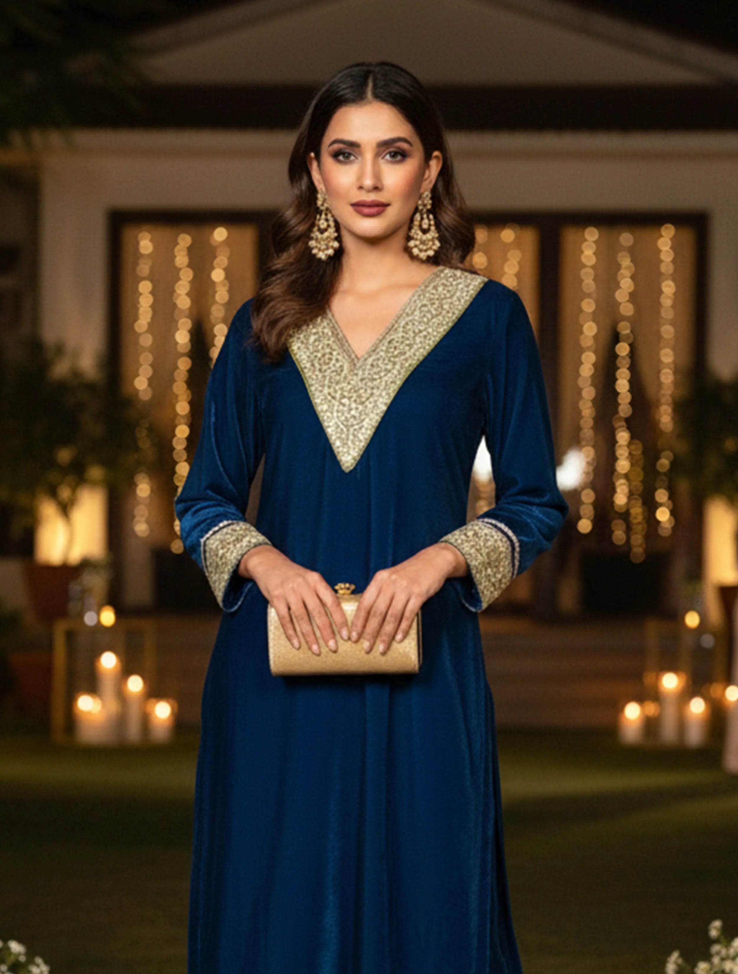 trueBrowns Blue V-Neck Velvet Kurta