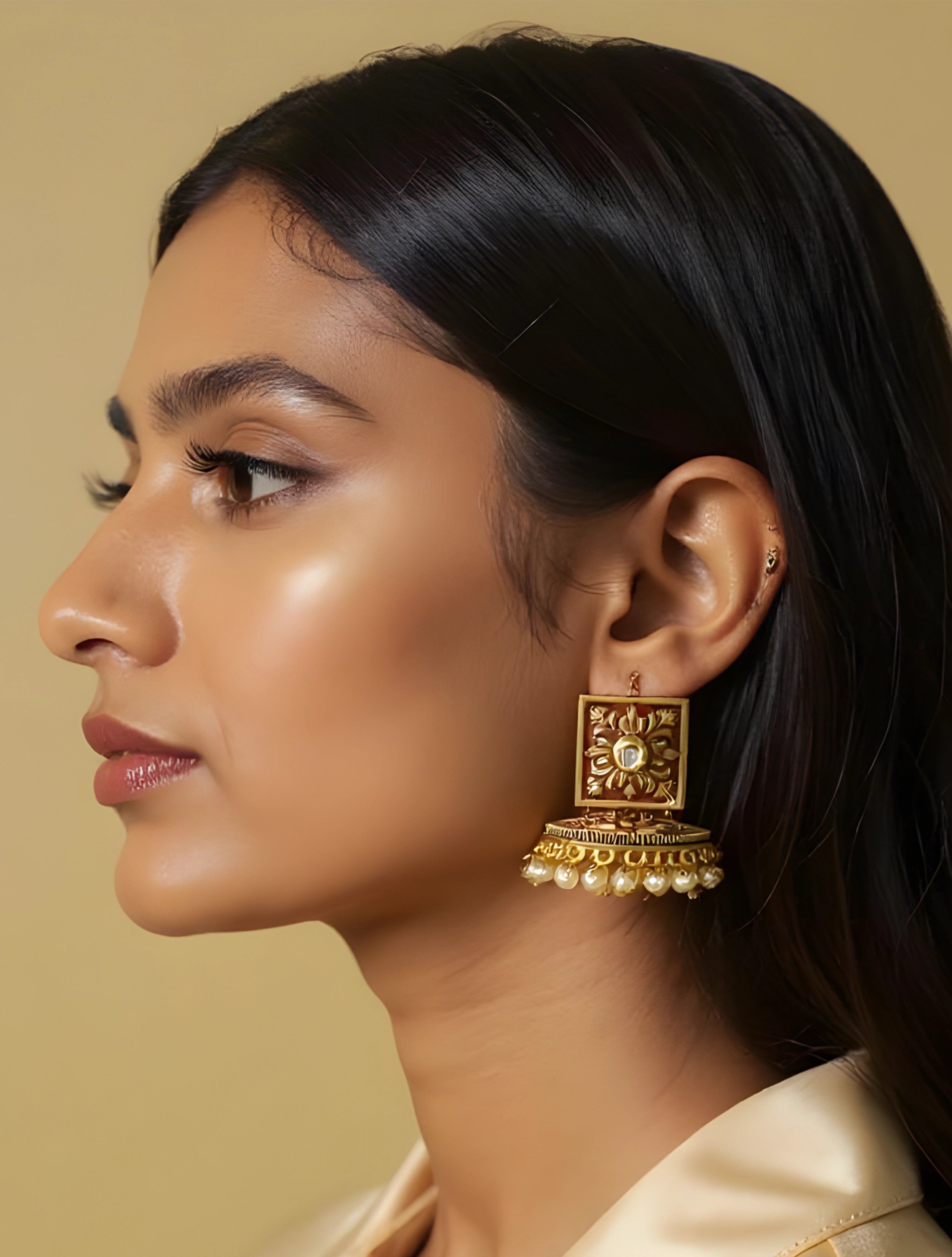 trueBrowns Red Enamel With Pearl Square Earrings