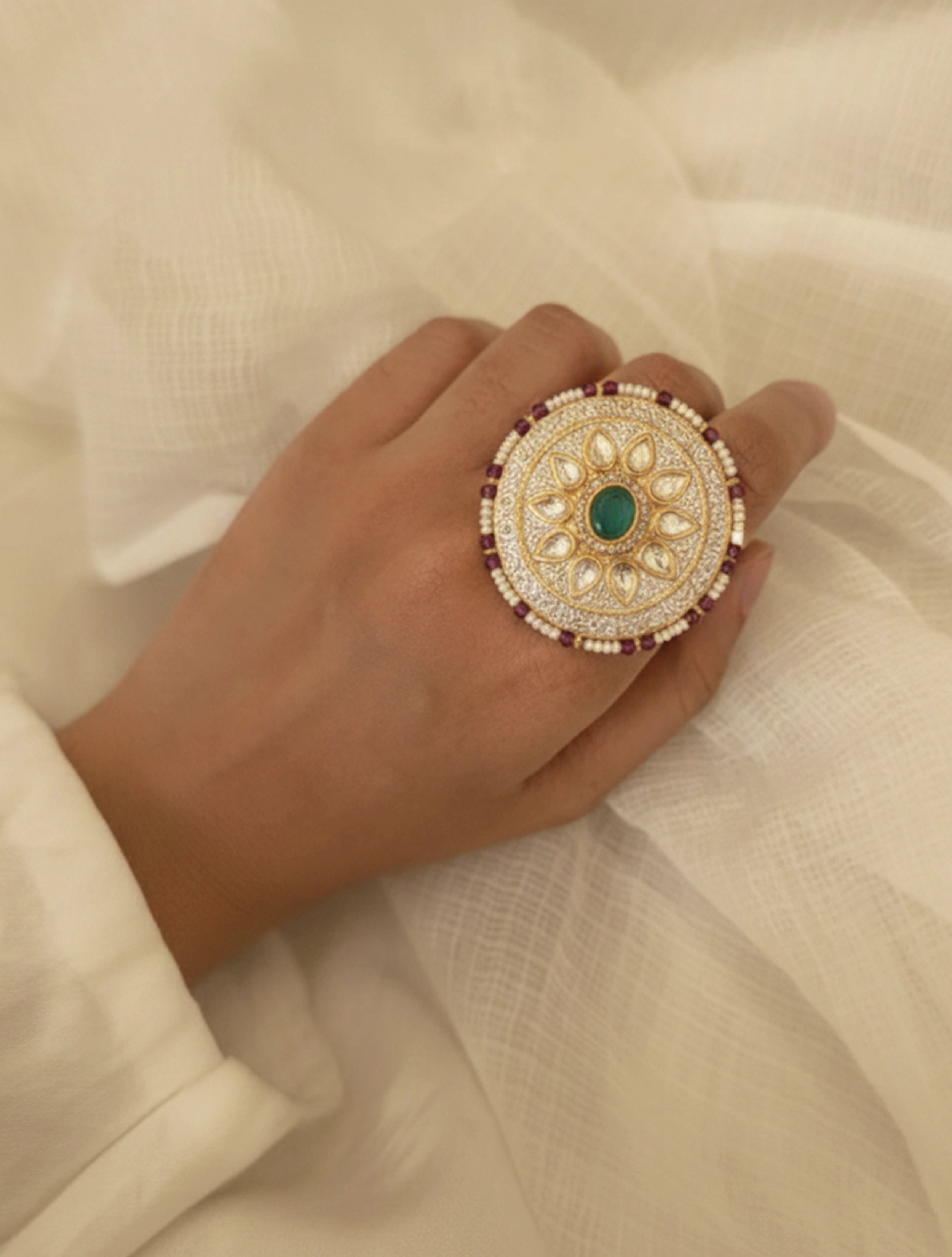 trueBrowns Circular Green Stone Ring