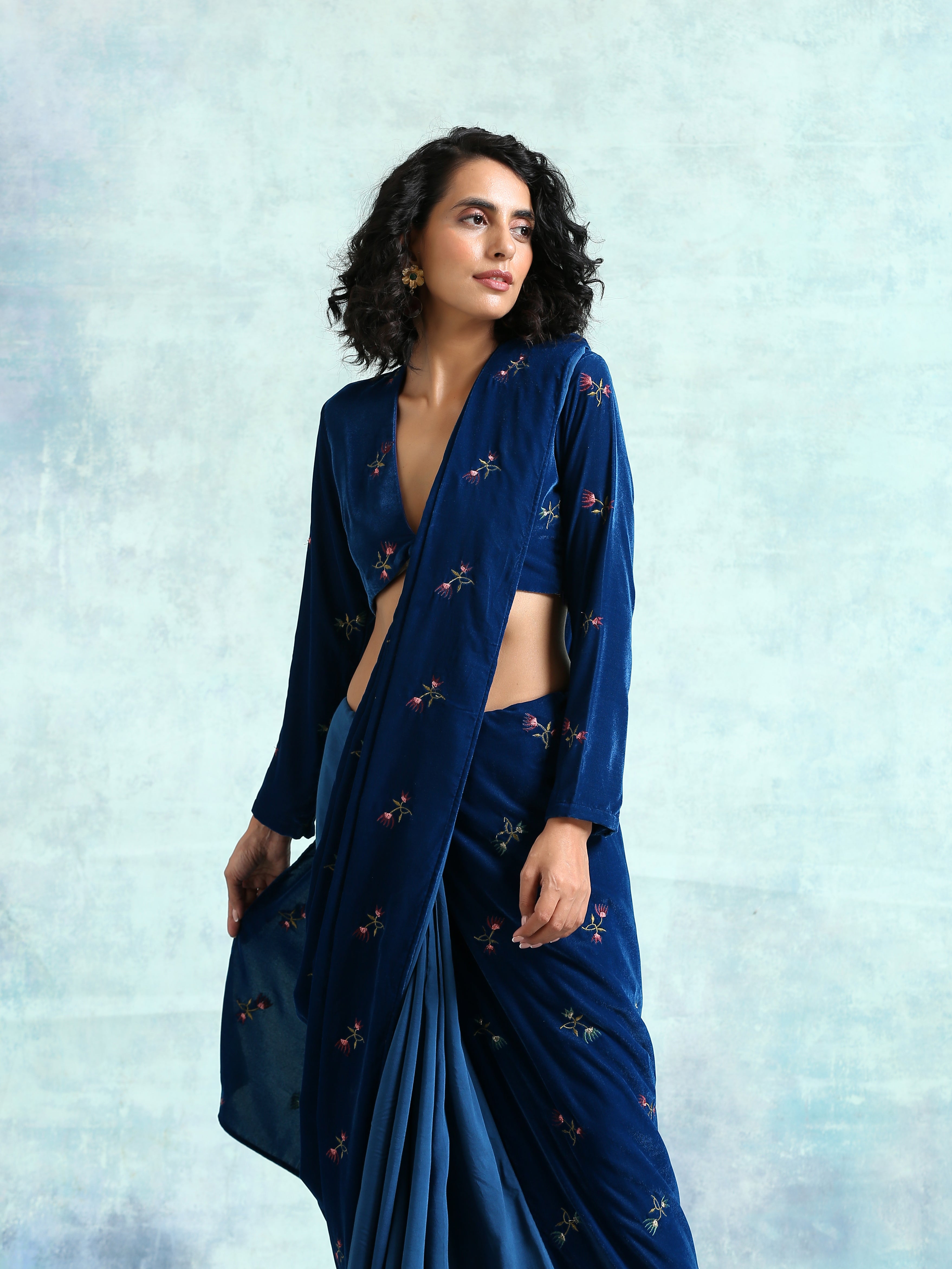 Blue Embroidered Velvet Pre-Stitched Saree