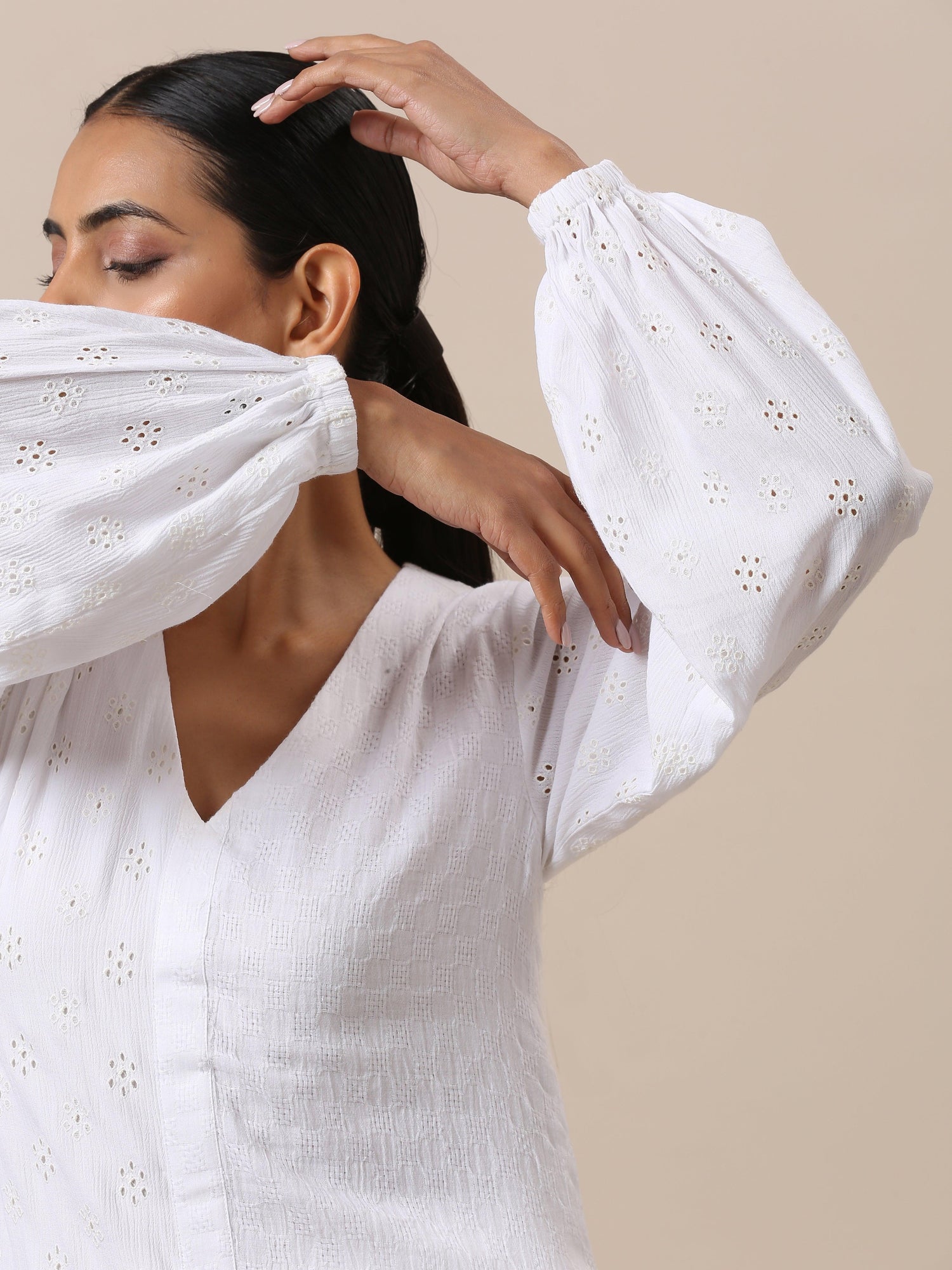 Cotton White Schiffli Weave Kurta Pant Set - trueBrowns