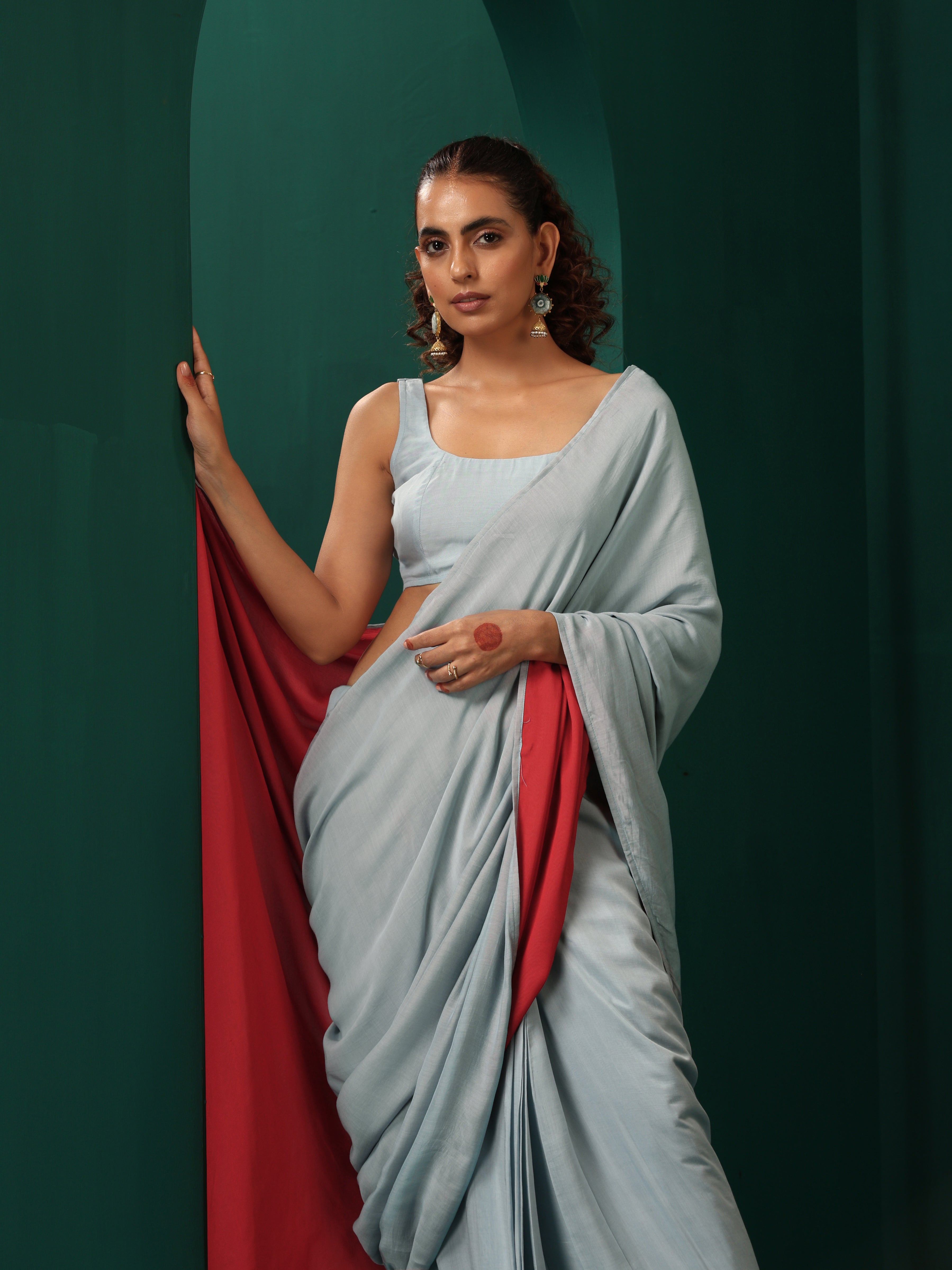 trueBrowns Powder Blue Muslin Silk Pre-Stitched Saree