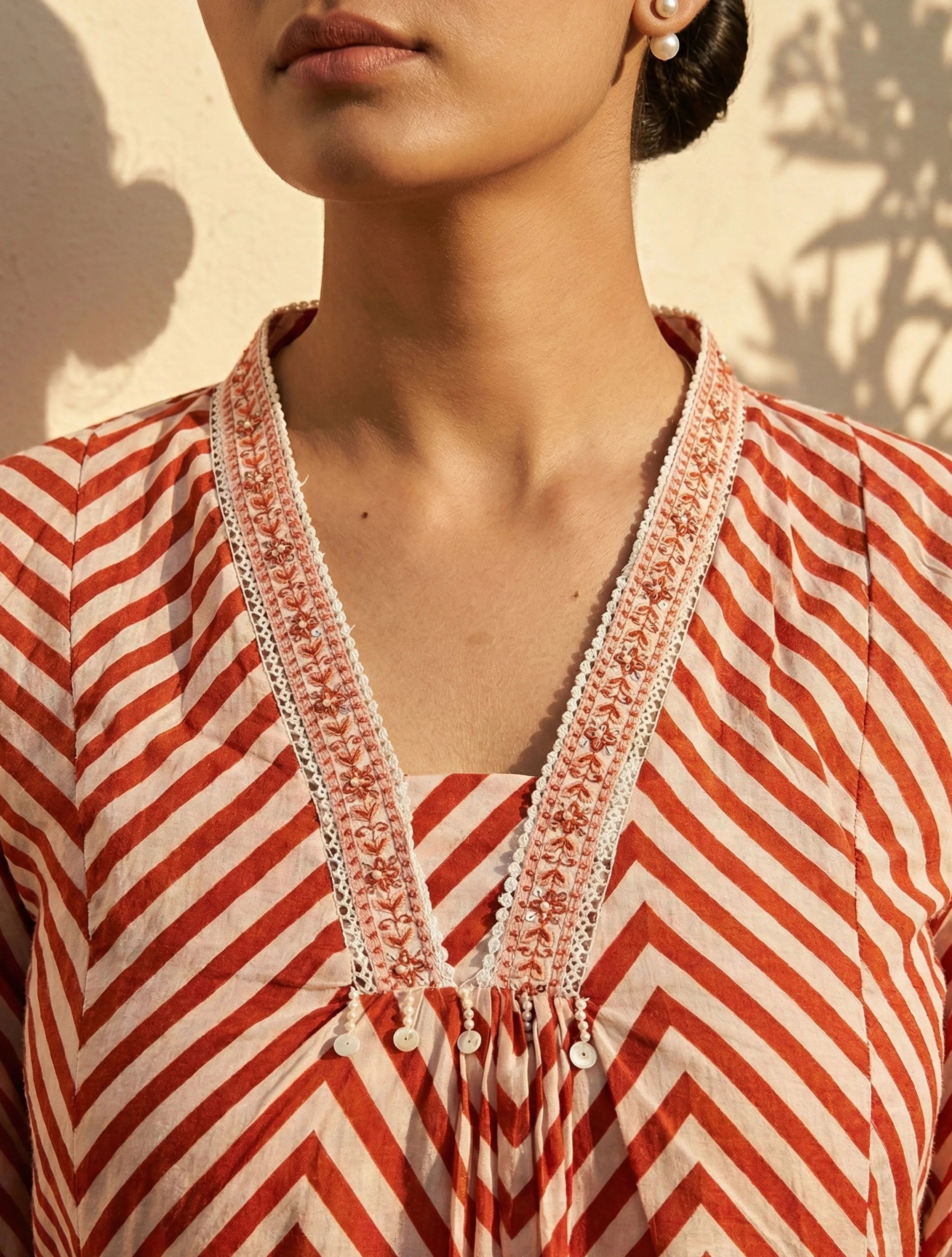 trueBrowns Rust Chevron Print Kurta Pant Dupatta Set