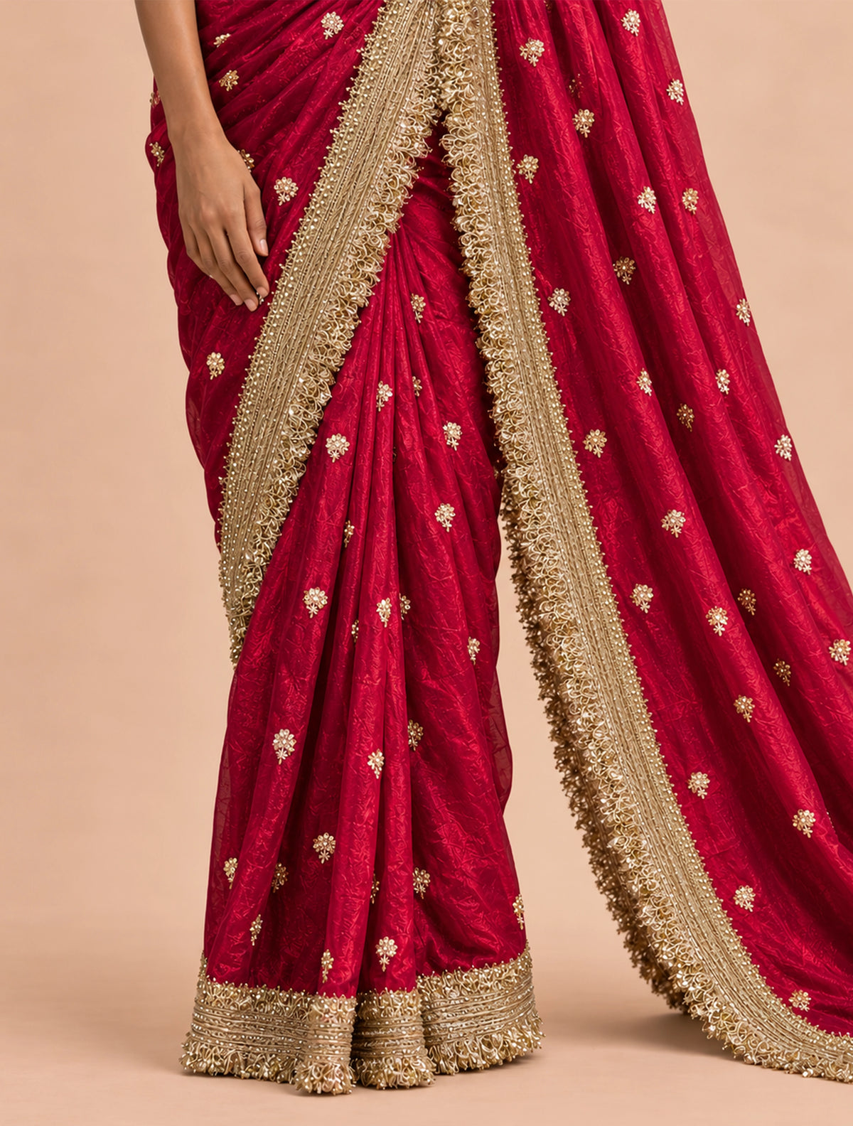 trueBrowns Maroon Embroidered Satin Tissue Saree With Unstitched Blouse