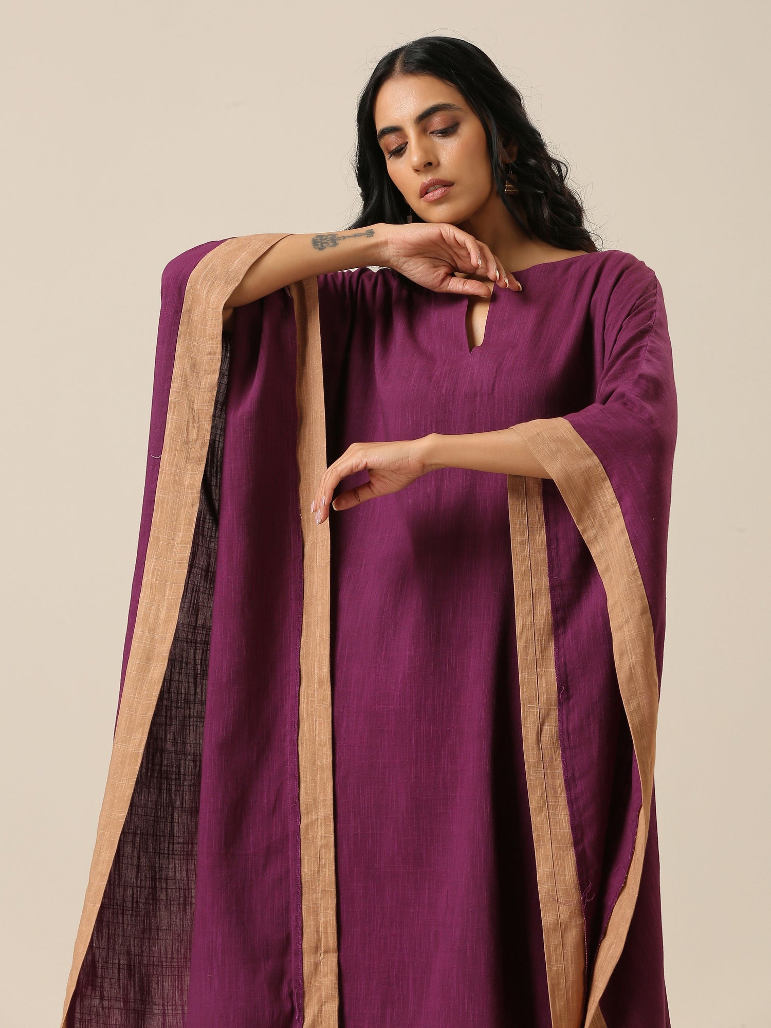 Plum Purple Slub Texture High Low Kaftan Pant Set