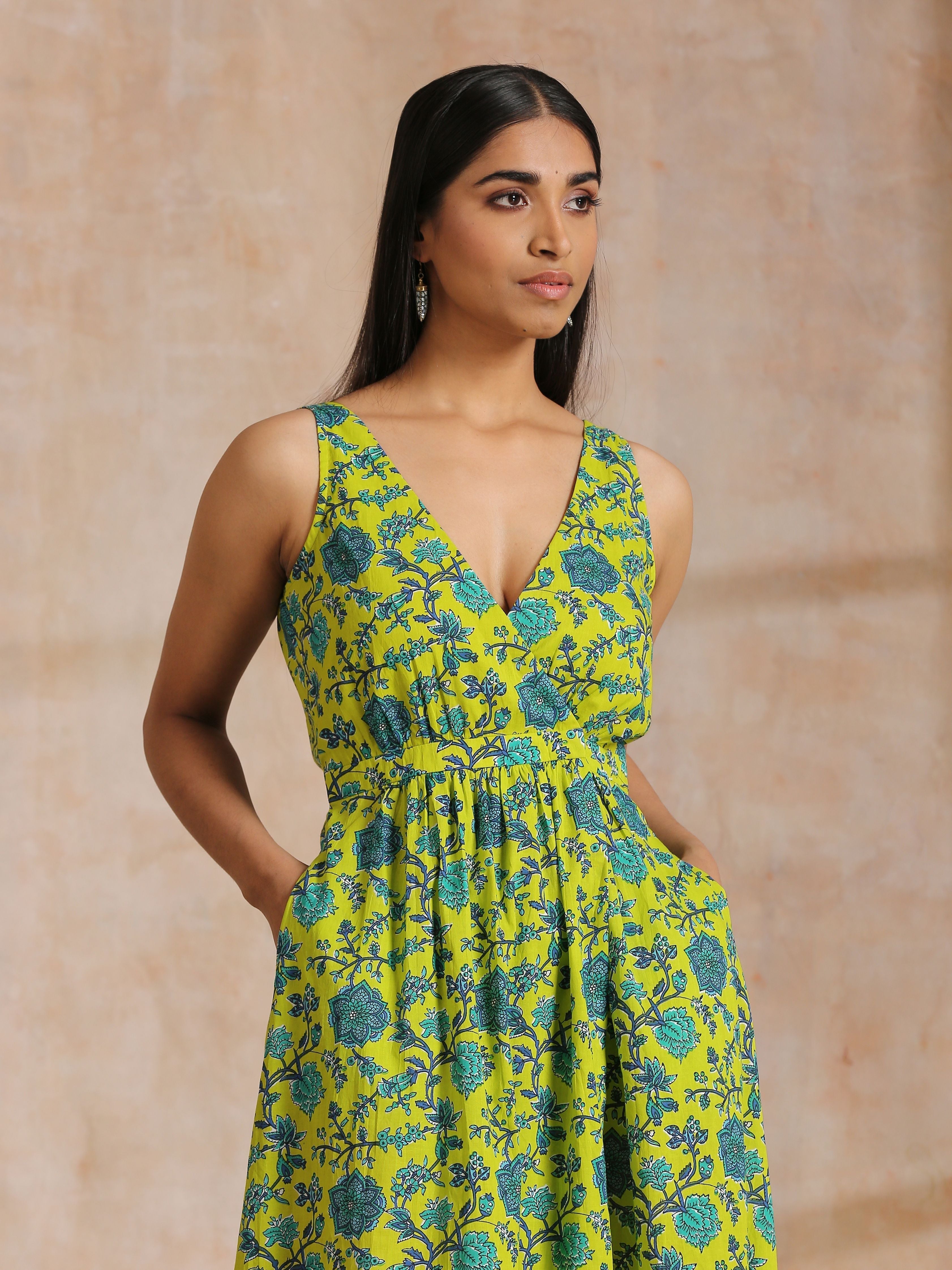 Lime Green Overall Teal Floral Block Print Cotton Sleeveless Wrap Dres