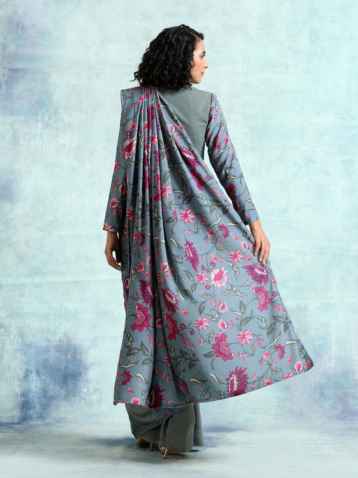 Grey Printed Velvet Ready To Wear Saree