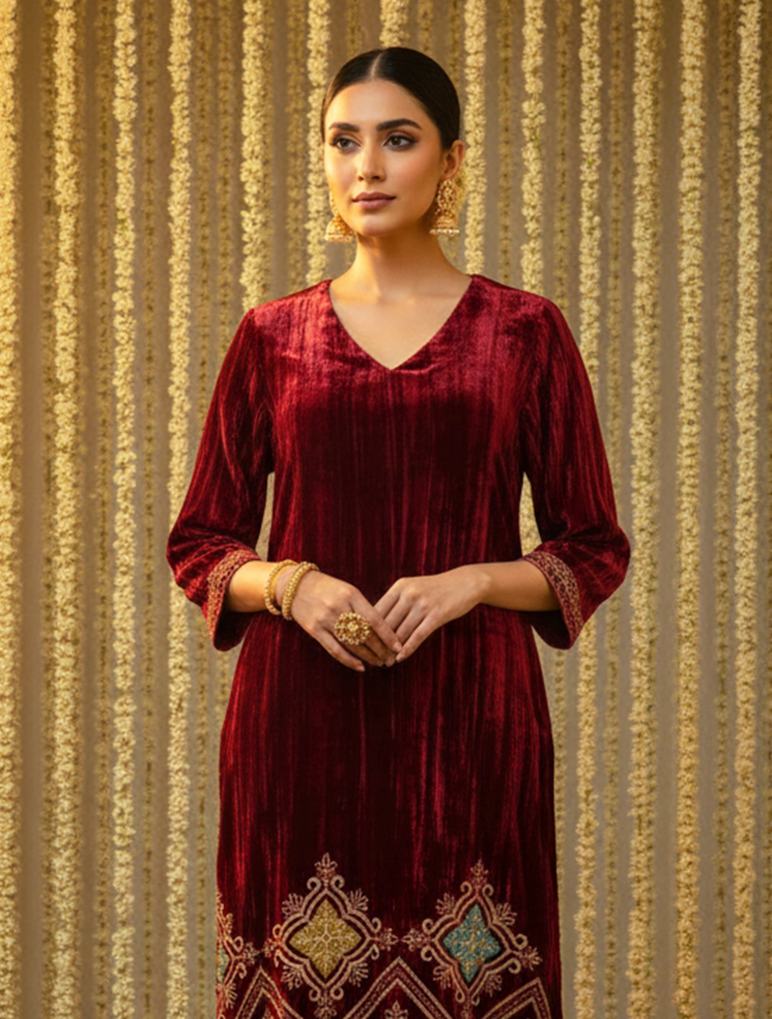 trueBrowns Maroon Crinkled Velvet Embroidered Kurta Pants Dupatta Set