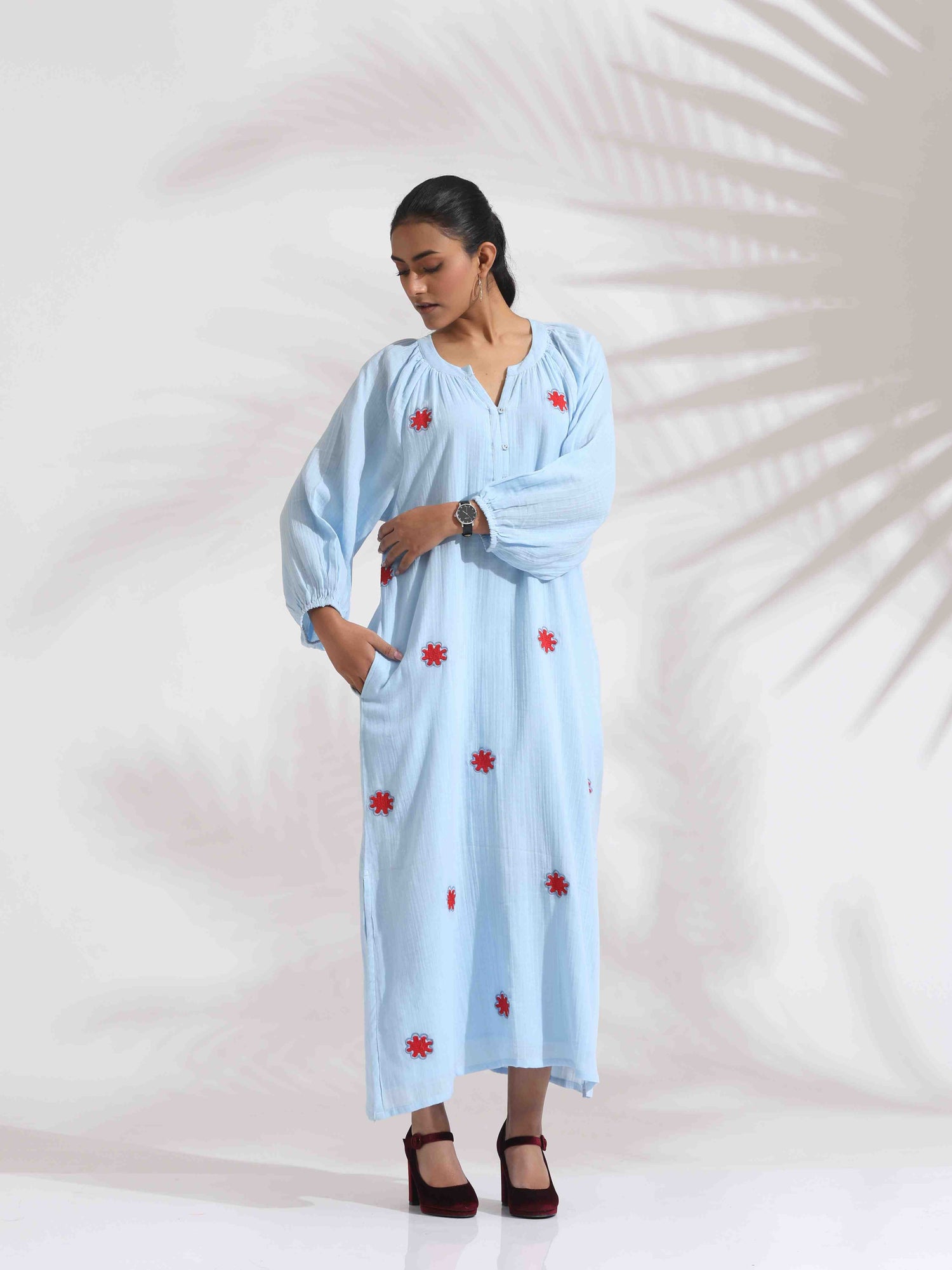 trueBrowns Blue Cotton Embroidered Dress