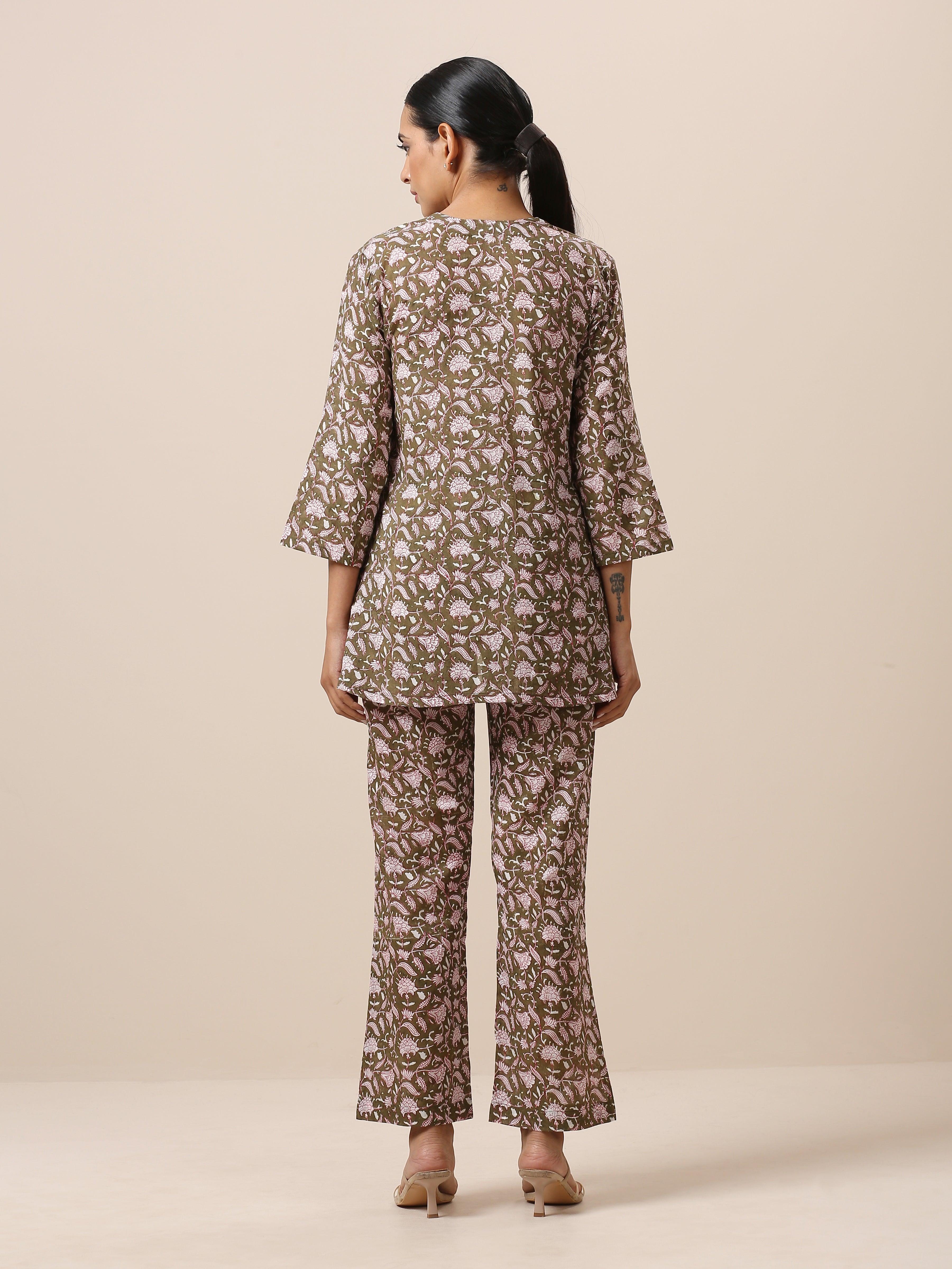 Cotton Hand Block Printed Olive Green Co-Ord Set - trueBrowns