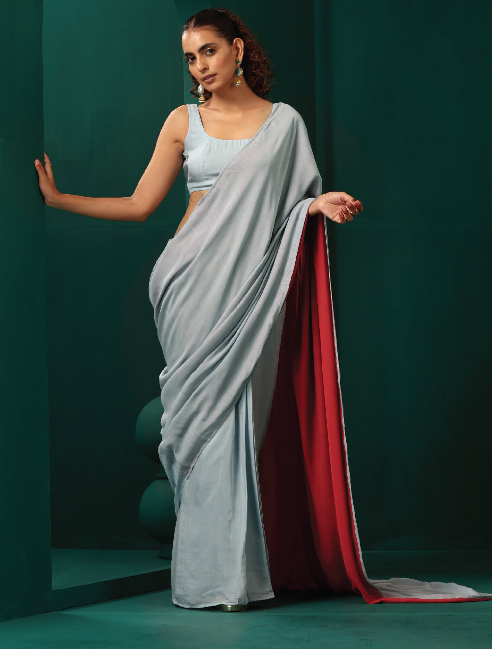 trueBrowns Powder Blue Muslin Silk Sleeveless Blouse
