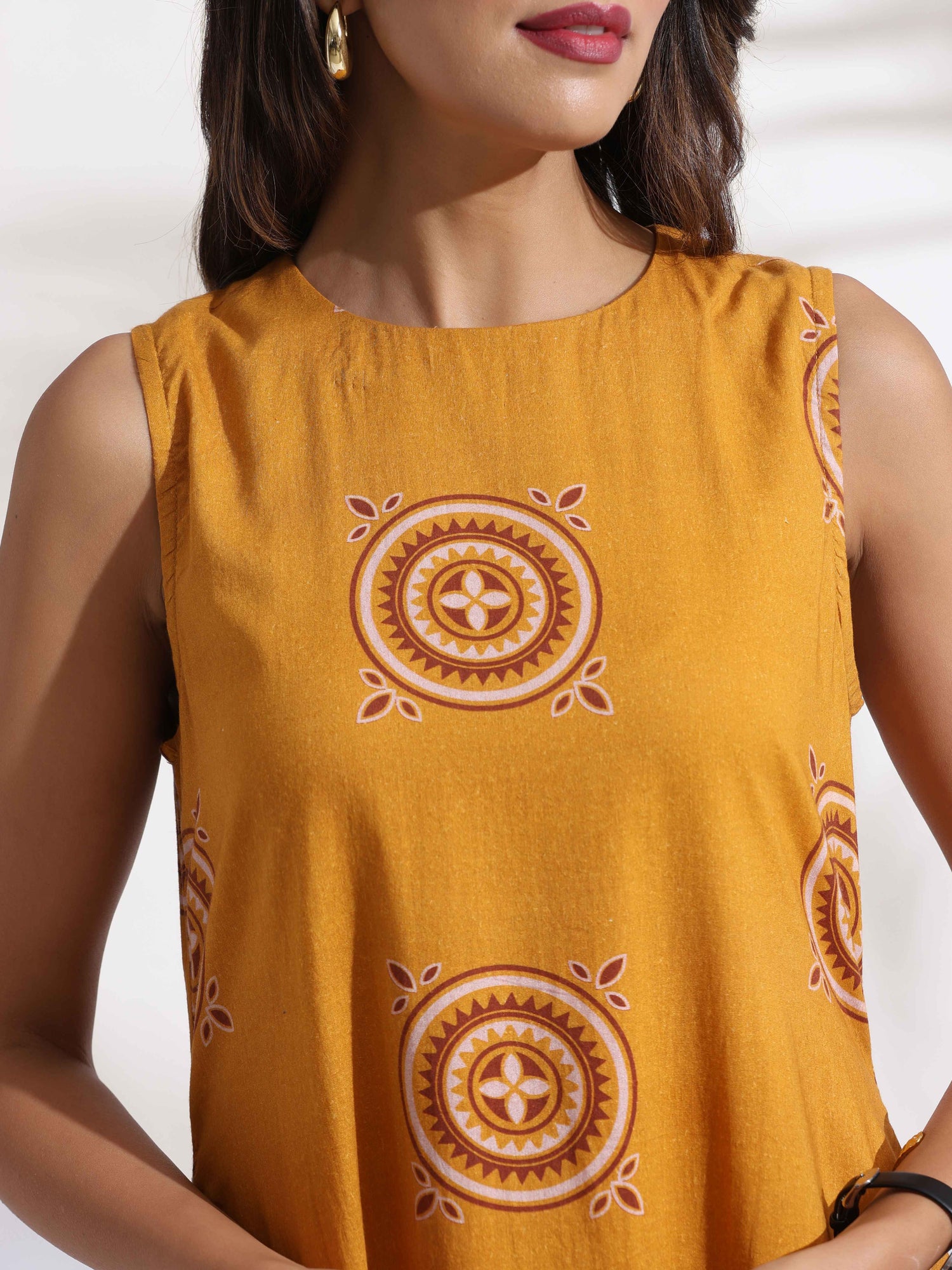 trueBrowns Mustard Cotton Print Tier Dress