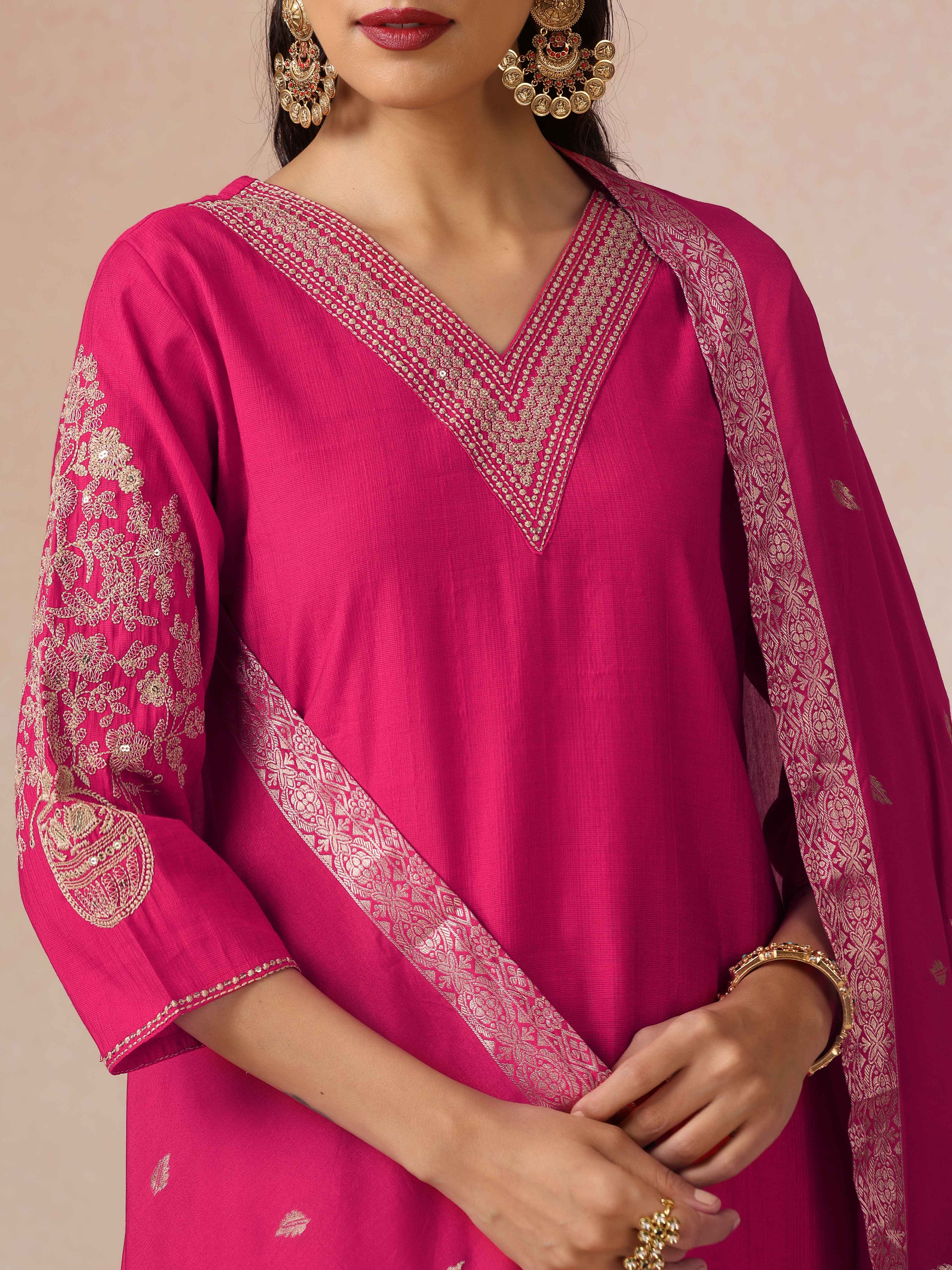 trueBrowns Pink Embroidered Straight Kurta Pant Dupatta Set
