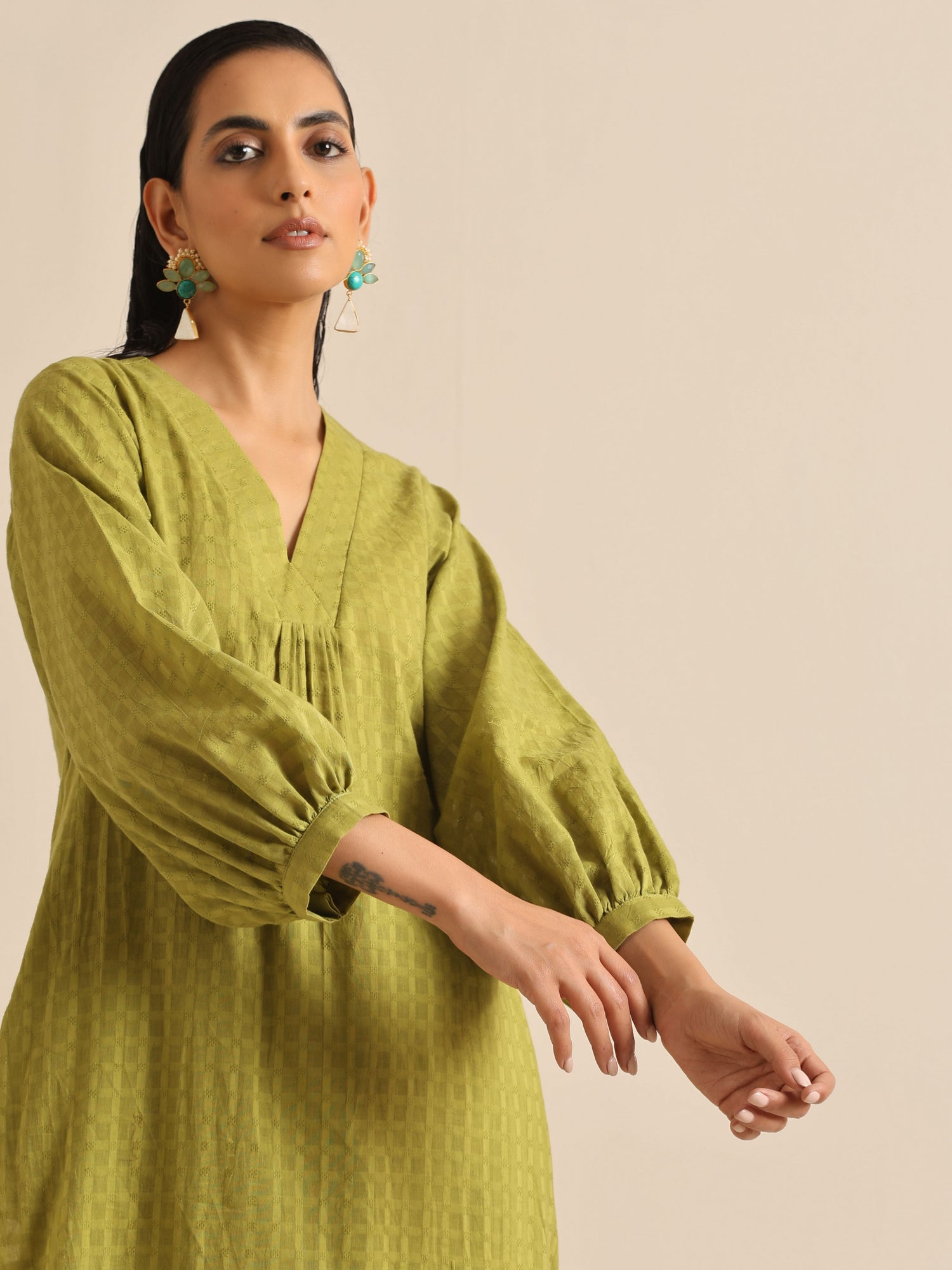 Fresh Green Dobby Puff Sleeve Kurta Pant Set