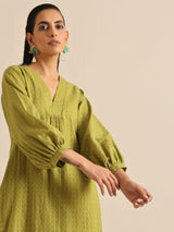 Fresh Green Dobby Puff Sleeve Kurta Pant Set