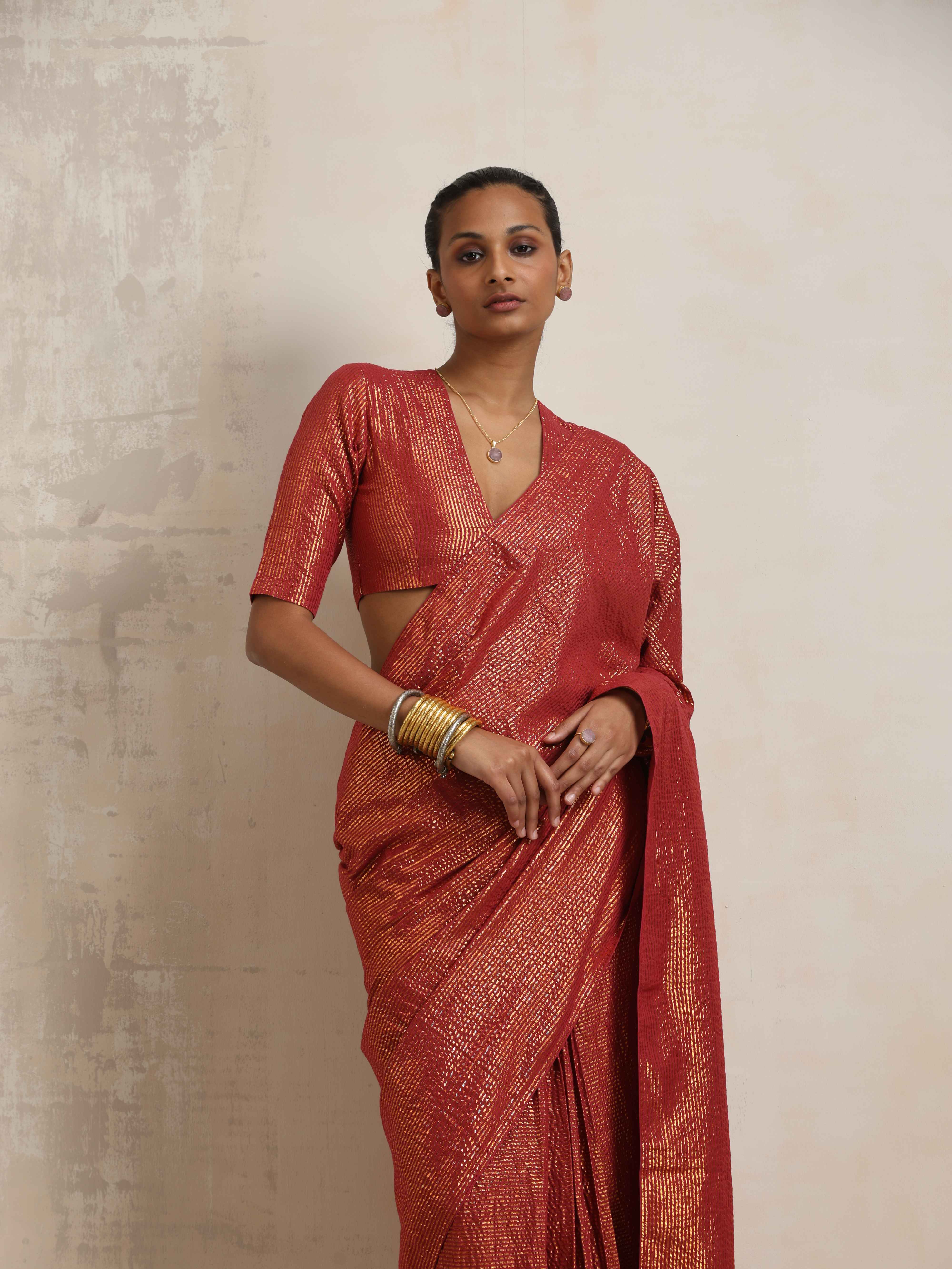 trueBrowns Maroon Gold Lurex Ready To Wear Saree