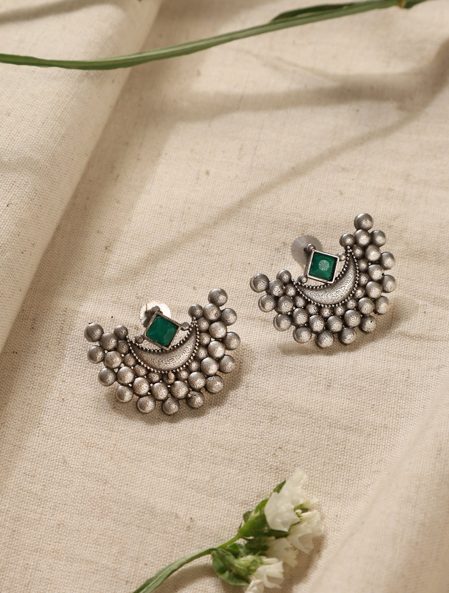 trueBrowns Silver Green Crescent Earrings