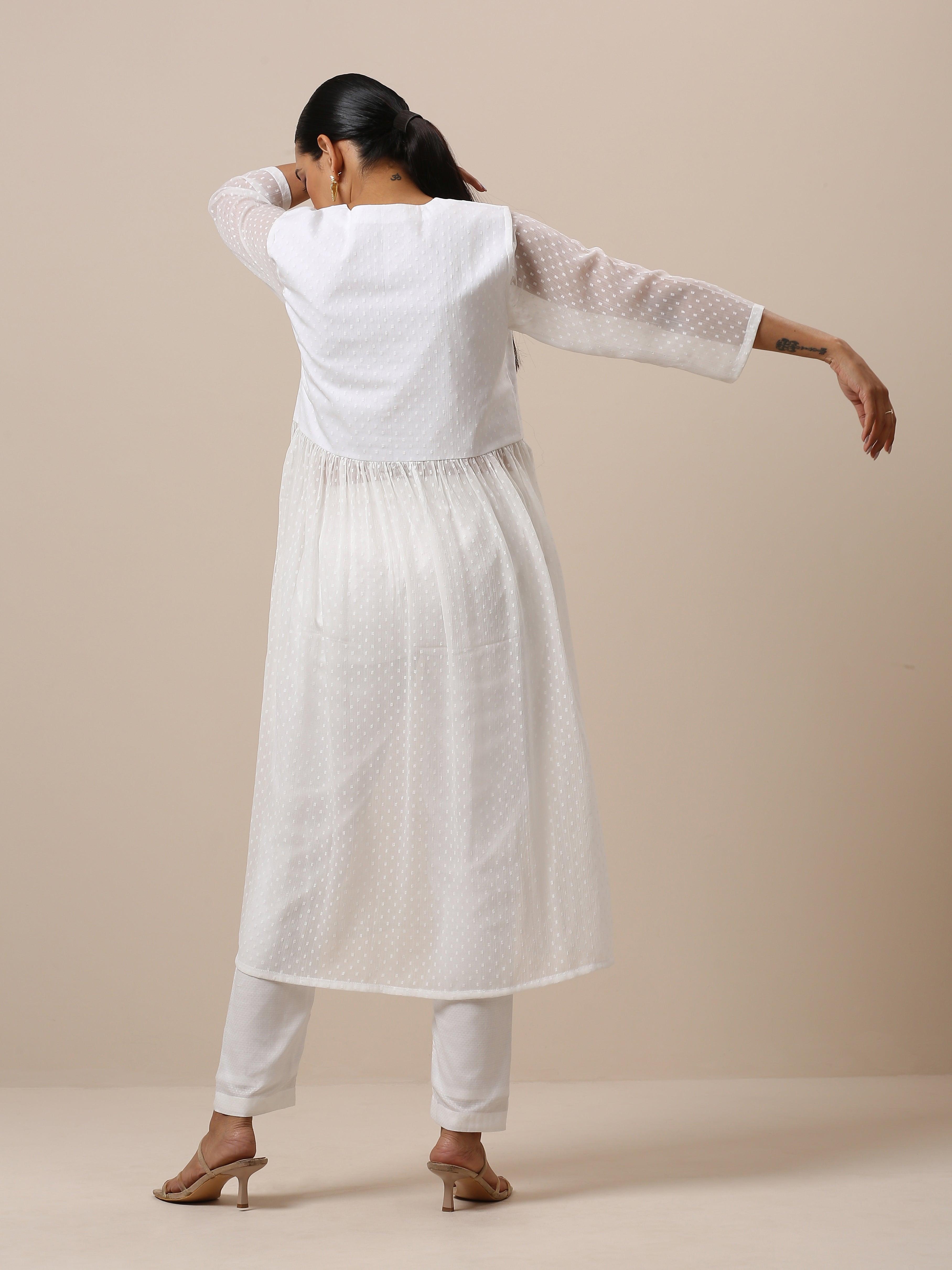 Chiffon White Dobby Flared Kurta Pant Set - trueBrowns