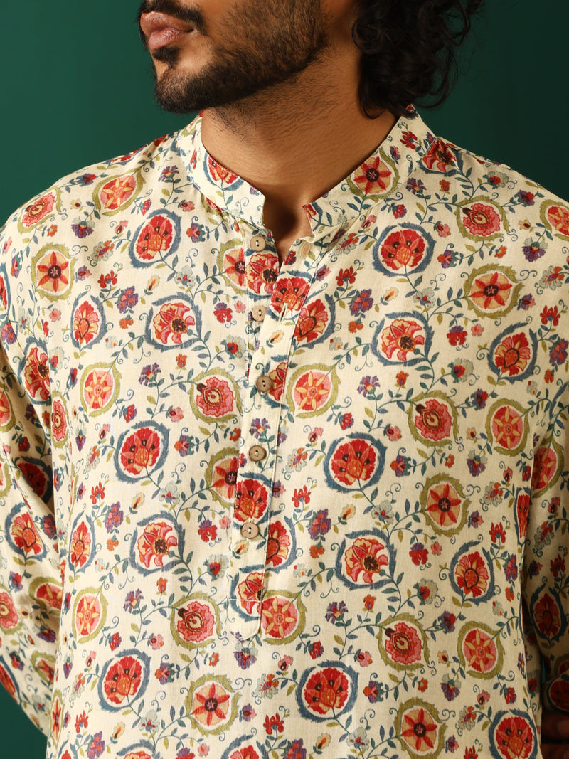trueBrowns Men Off White Floral Bunch Muslin Silk Printed Co-ord Set