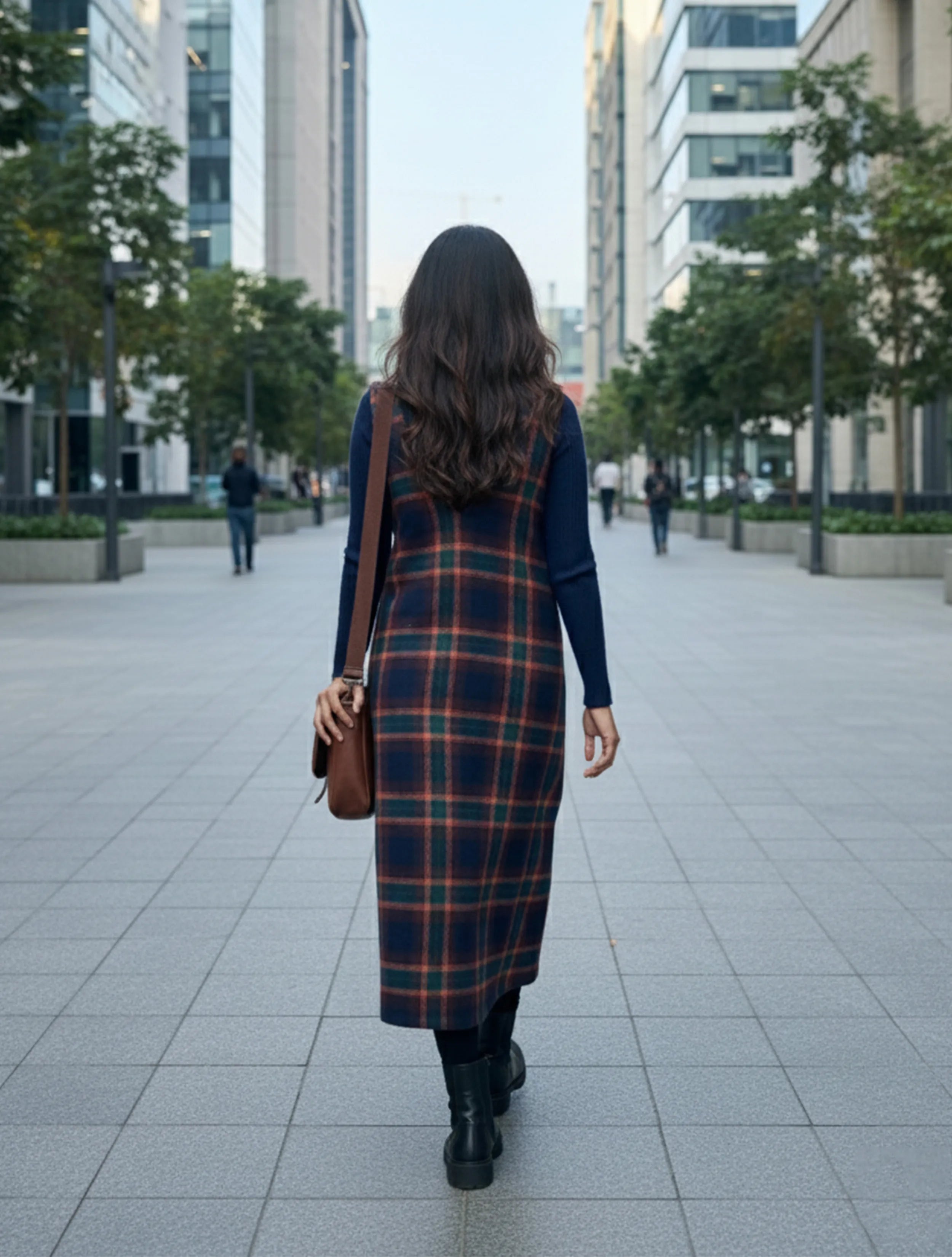 trueBrowns Navy Sleeveless Check Woollen Dress