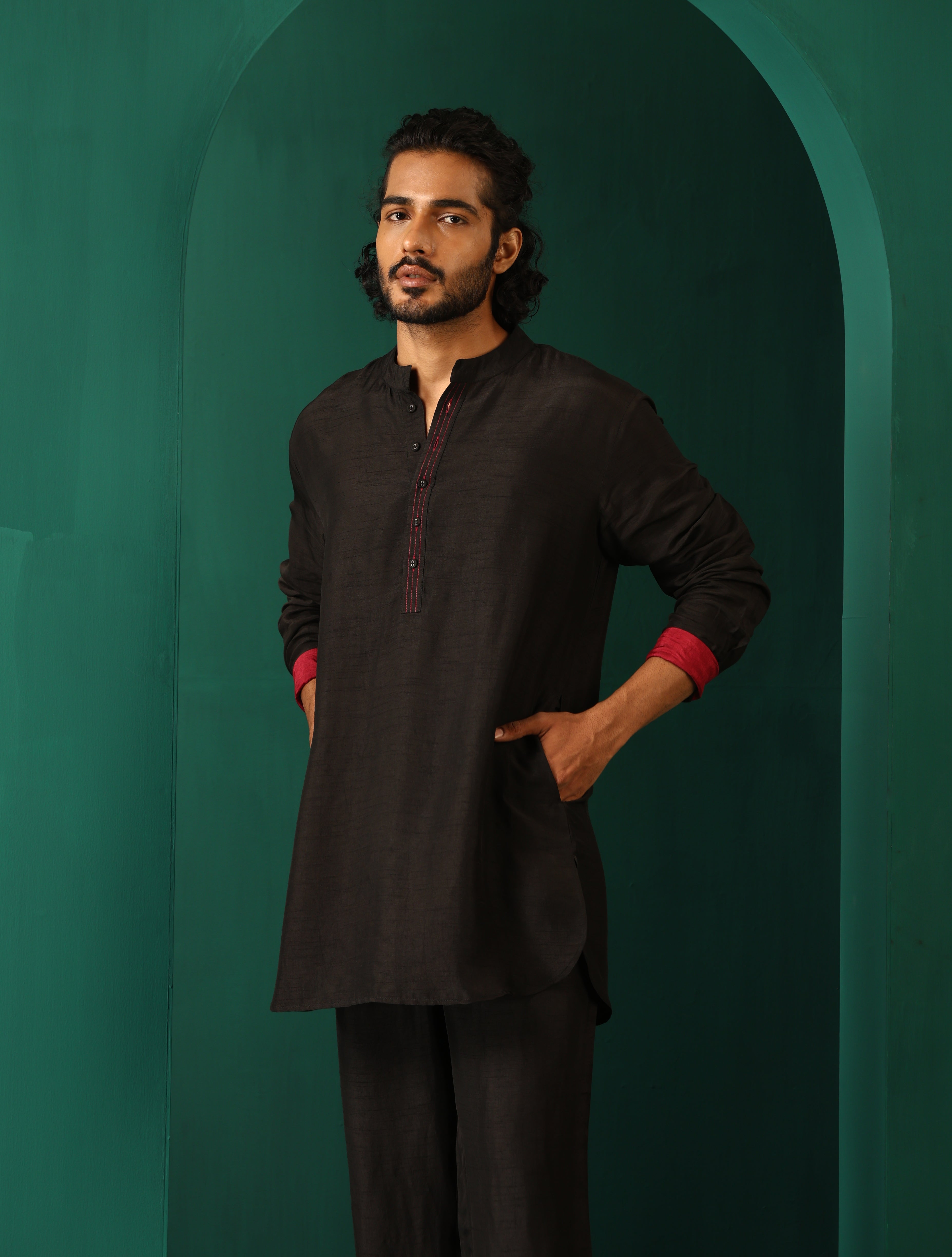 trueBrowns Men Black Silk Co-ord Set Stitch Detail
