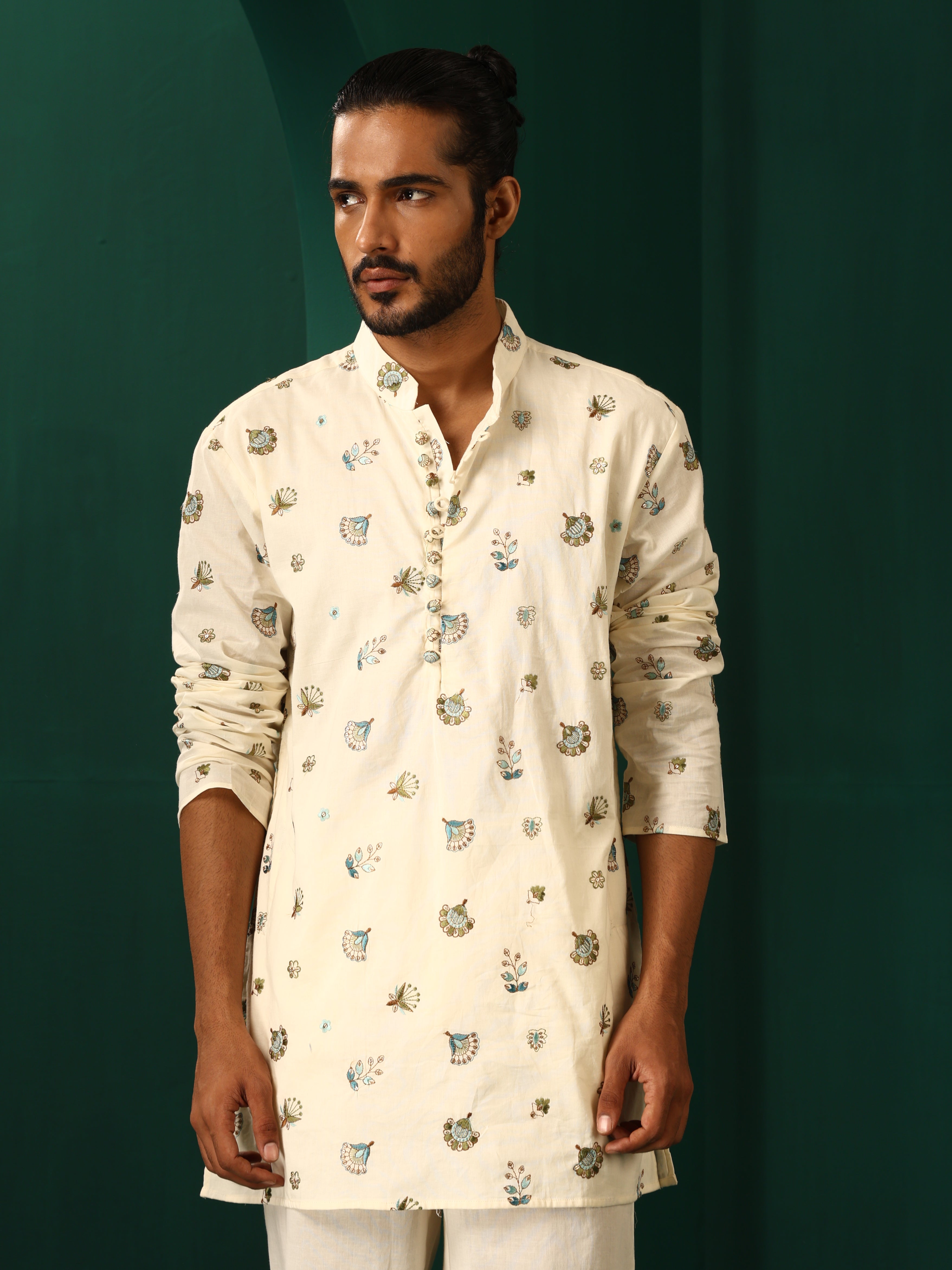 trueBrowns Men Ivory Blue Embroidered Co-ord Set