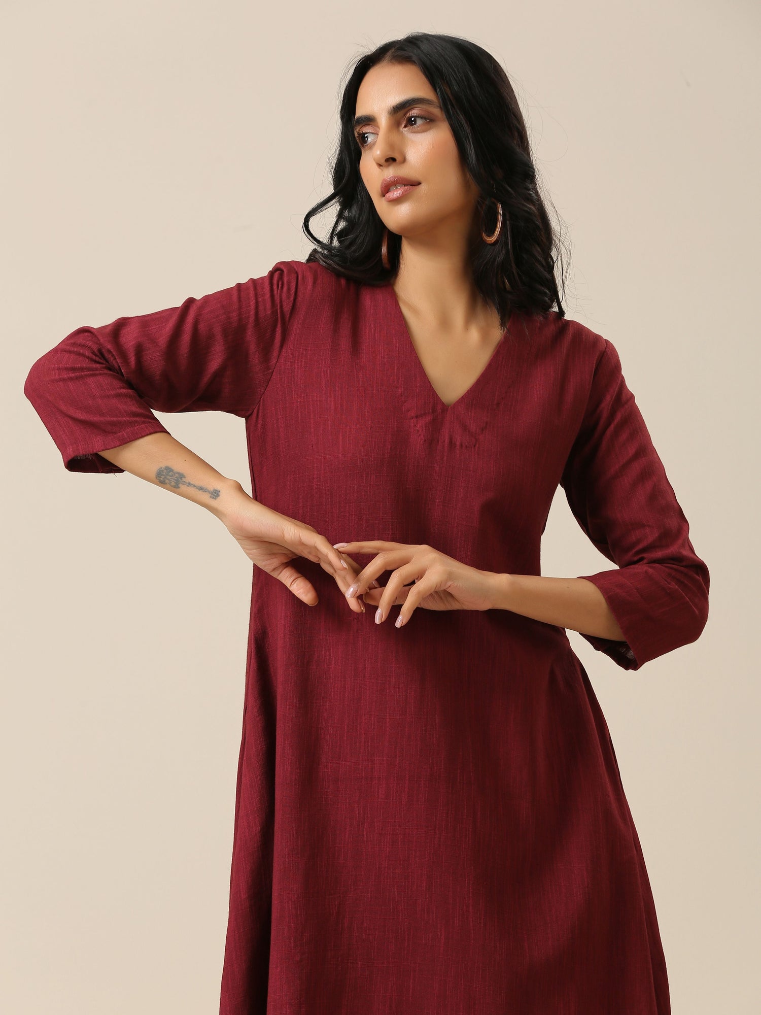 Ruby Wine Slub Texture Back Pleat Kurta Pant Set