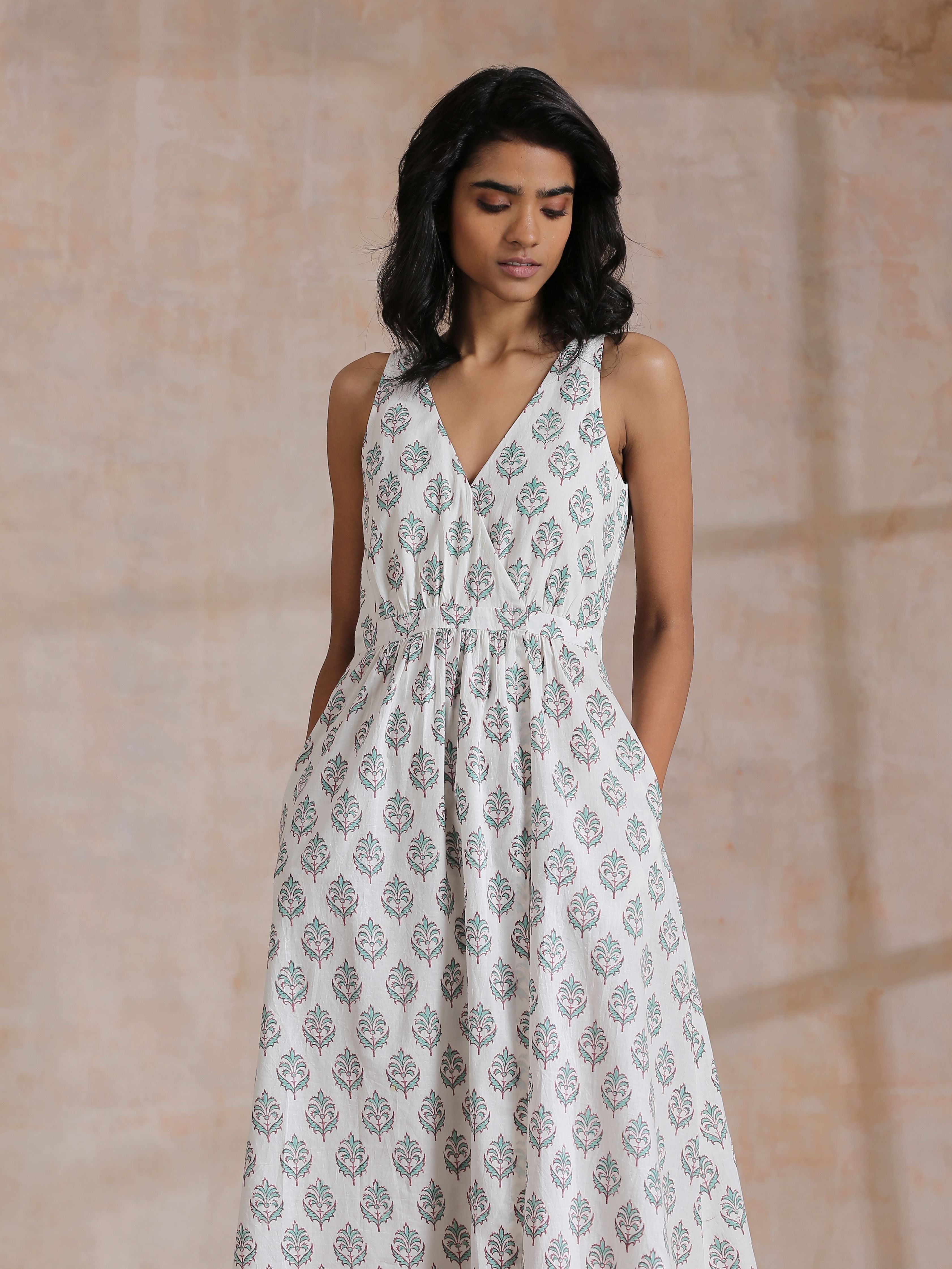 Green Buta On White Block Print Cotton Sleeveless Wrap Dress