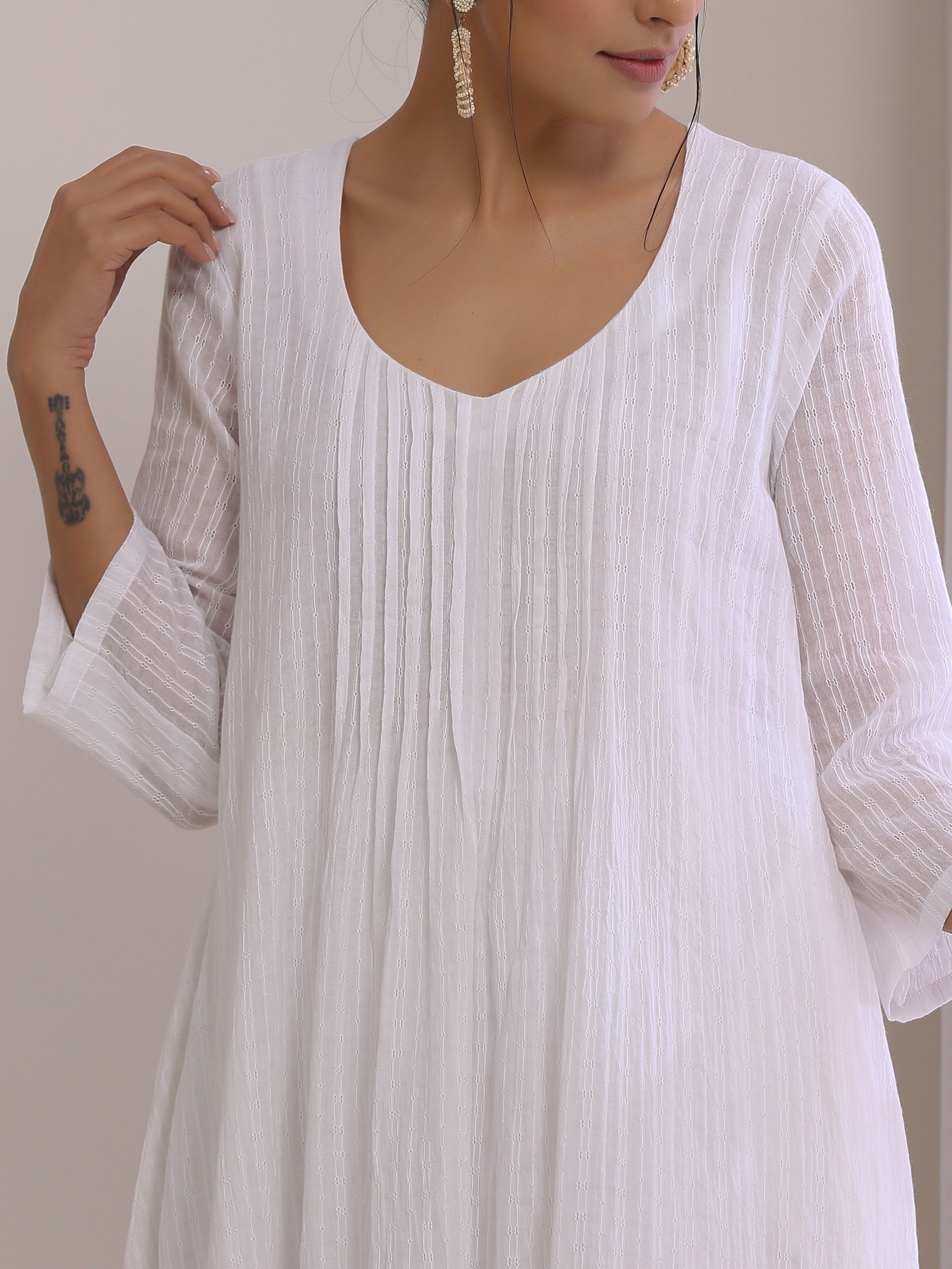 White Dobby Front Pleated Long Kurta Pant Set