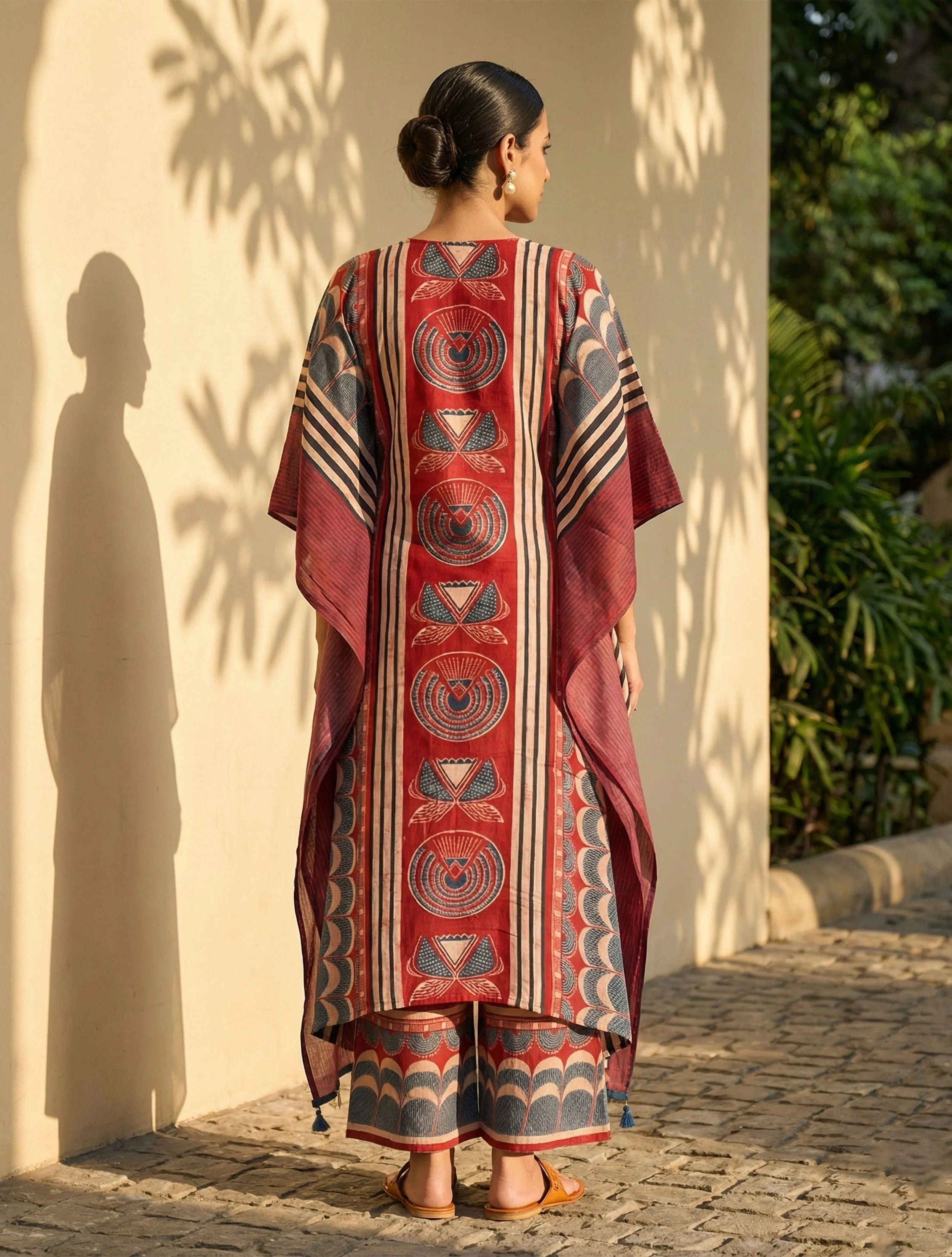 trueBrowns Red Printed Kaftan Kurta Palazzo Set