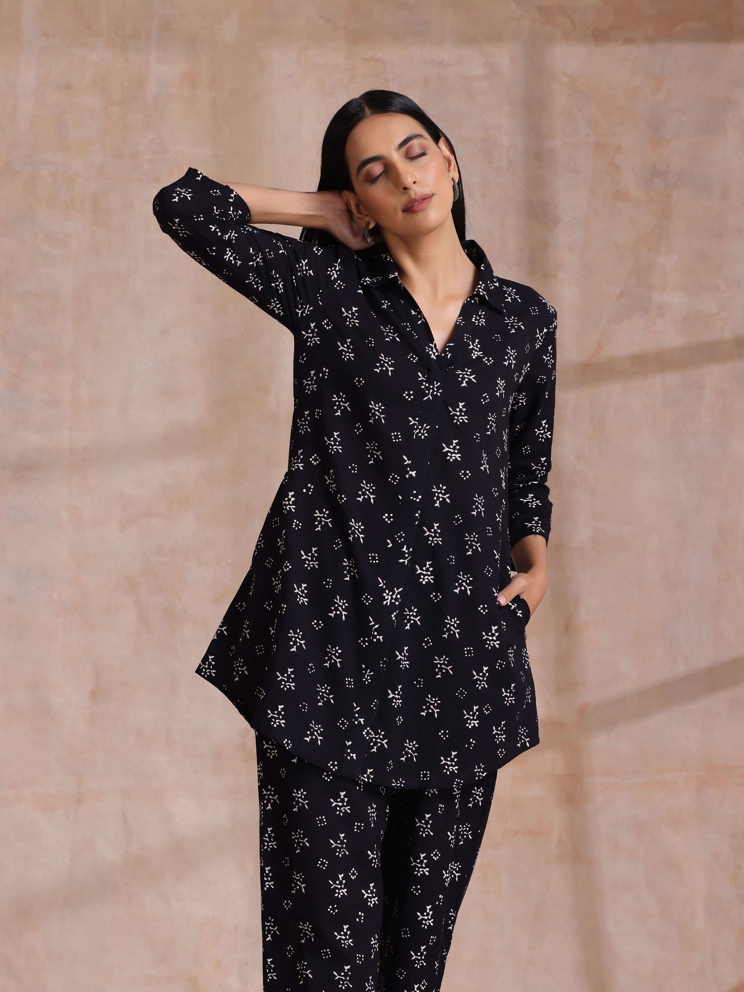 Black White Floral Print Cotton Collar Short Co-Ord Set