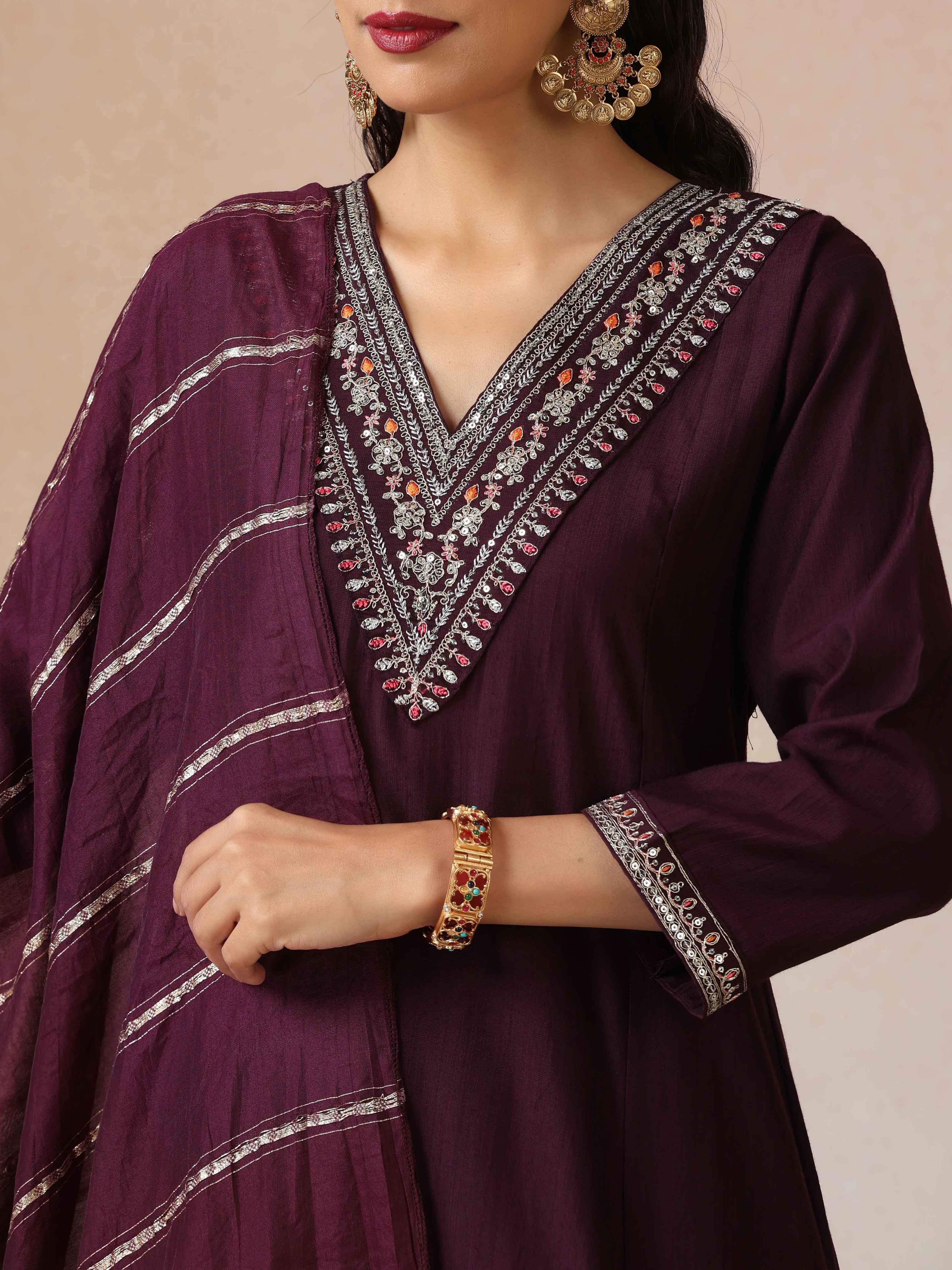 trueBrowns Purple Embroidered A-line Kurta 3pc Set