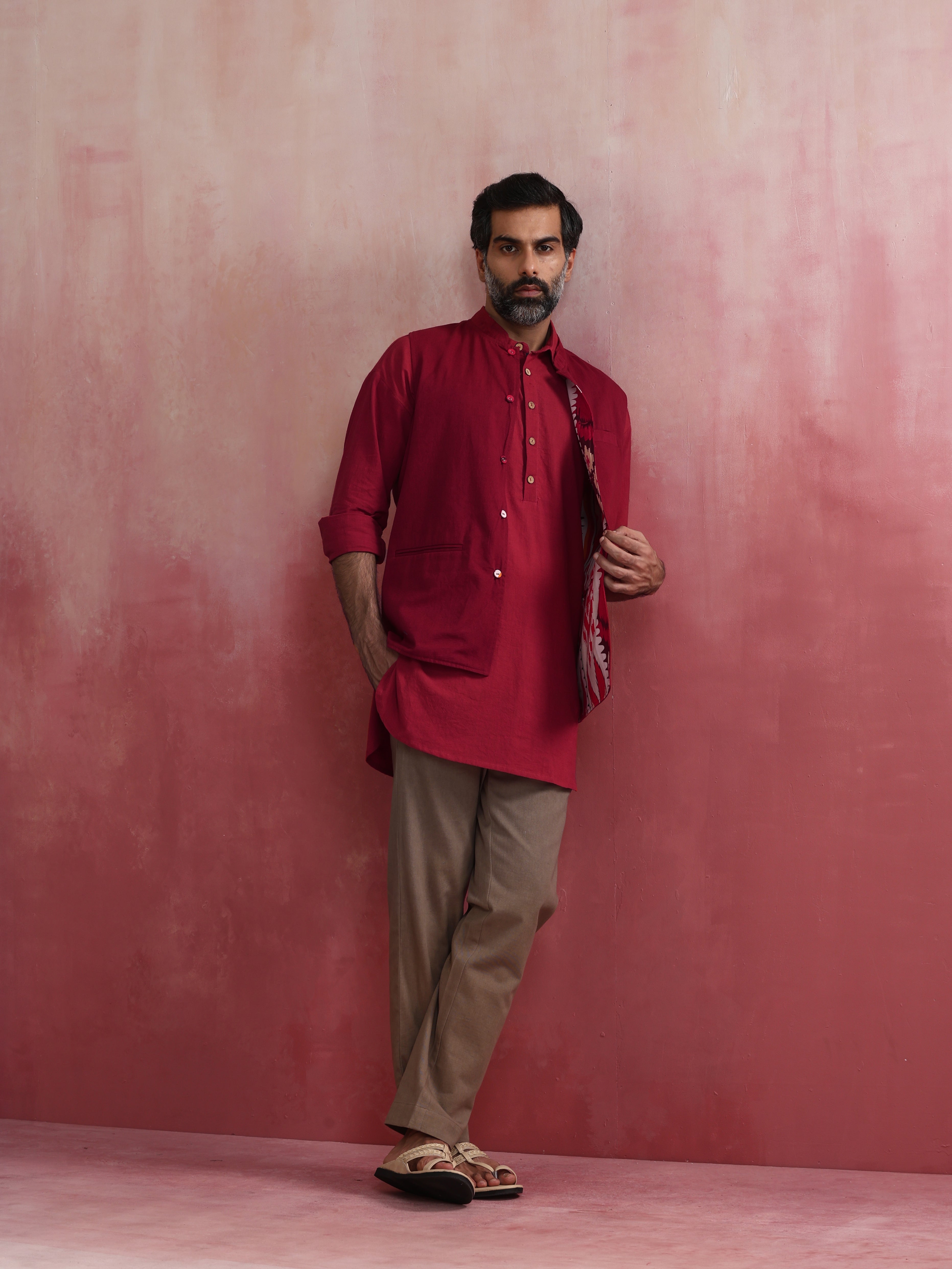 trueBrowns Men's Maroon Ikat Reversible  Nehru Jacket