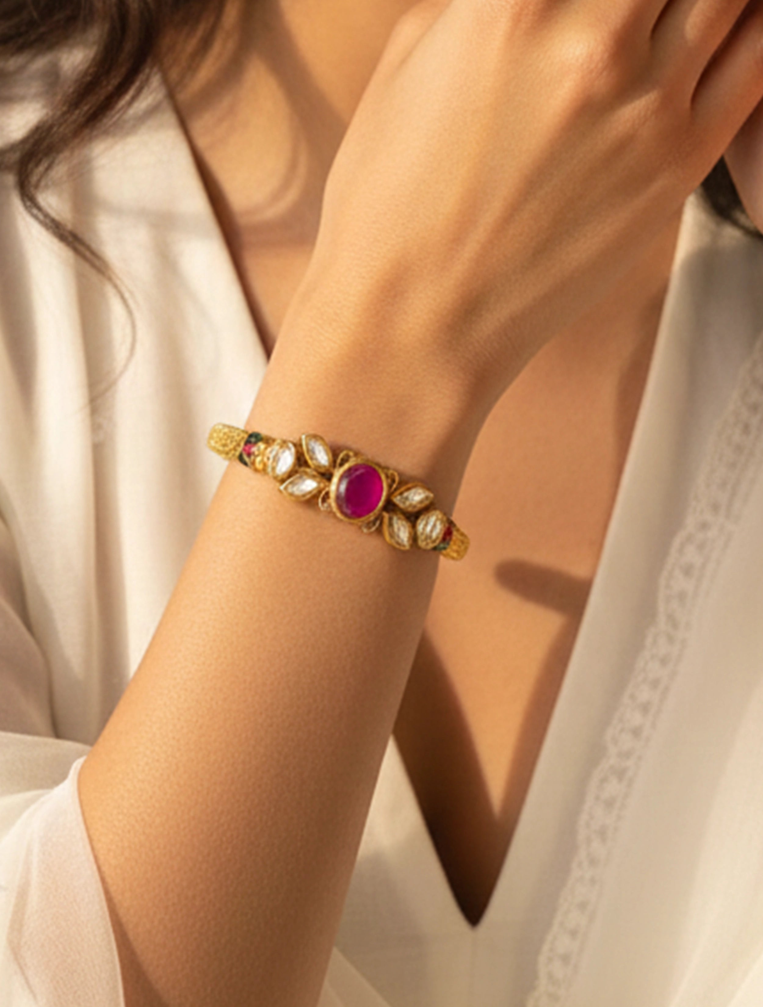 trueBrowns Golden Maroon Kundan Bracelet