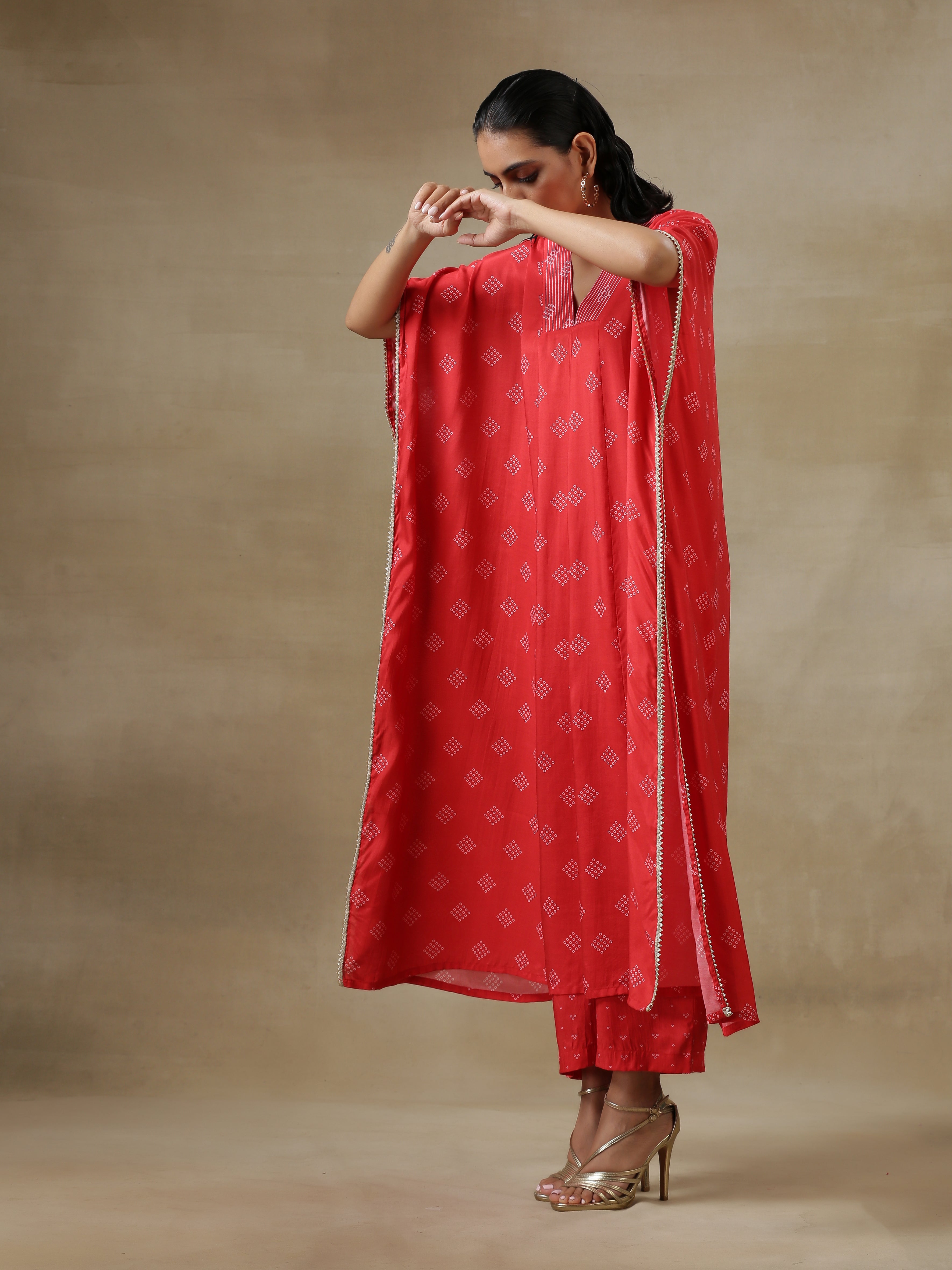 Red Bandhani Printed Silk Panel Kaftan Kurta Pant Set